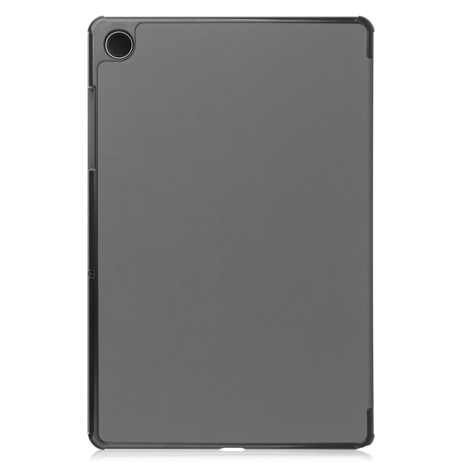 Graue Tablet-Rückseite mit Kameraausschnitt auf weißem Hintergrund.