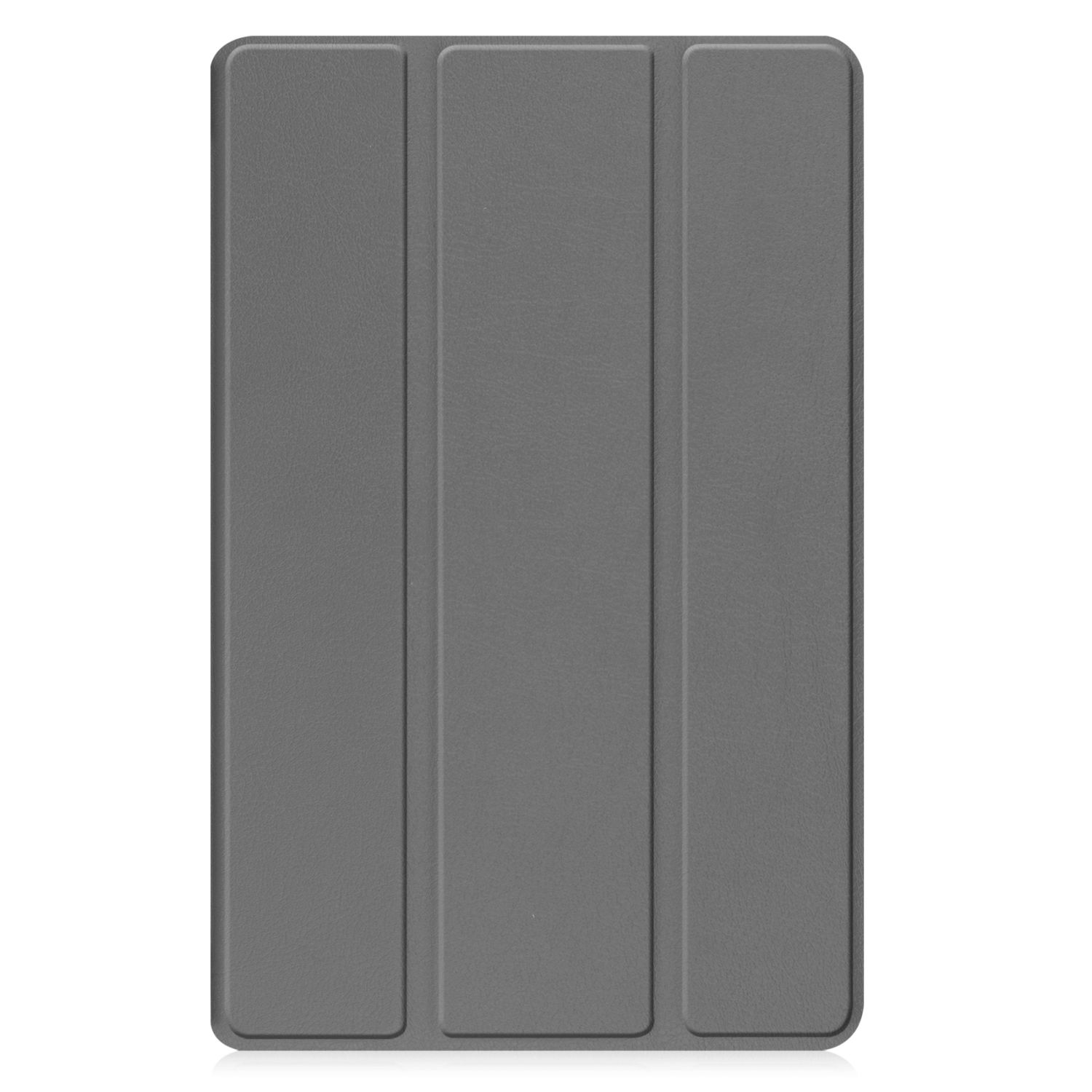 Graue Tablet-Hülle mit drei vertikalen Falten auf weißem Hintergrund.