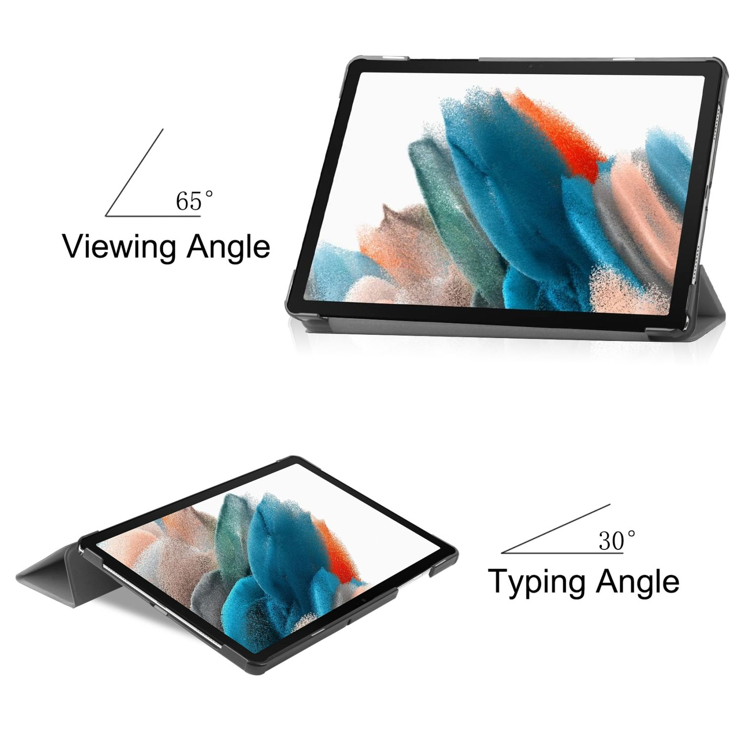 Ein Tablet in einer Hülle, angezeigt mit 65° Betrachtungswinkel und 30° Tippwinkel, mit schwarzem Rahmen.