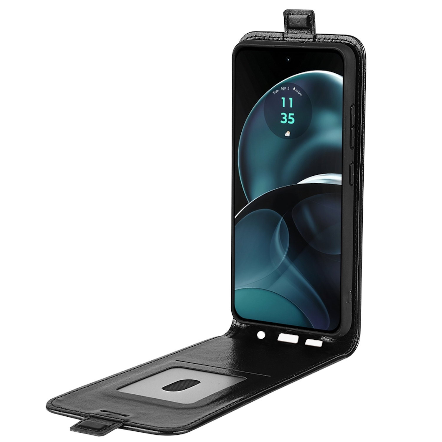 Schwarze Leder-Handyhülle mit einem Telefon. Der Bildschirm zeigt Datum und Uhrzeit.