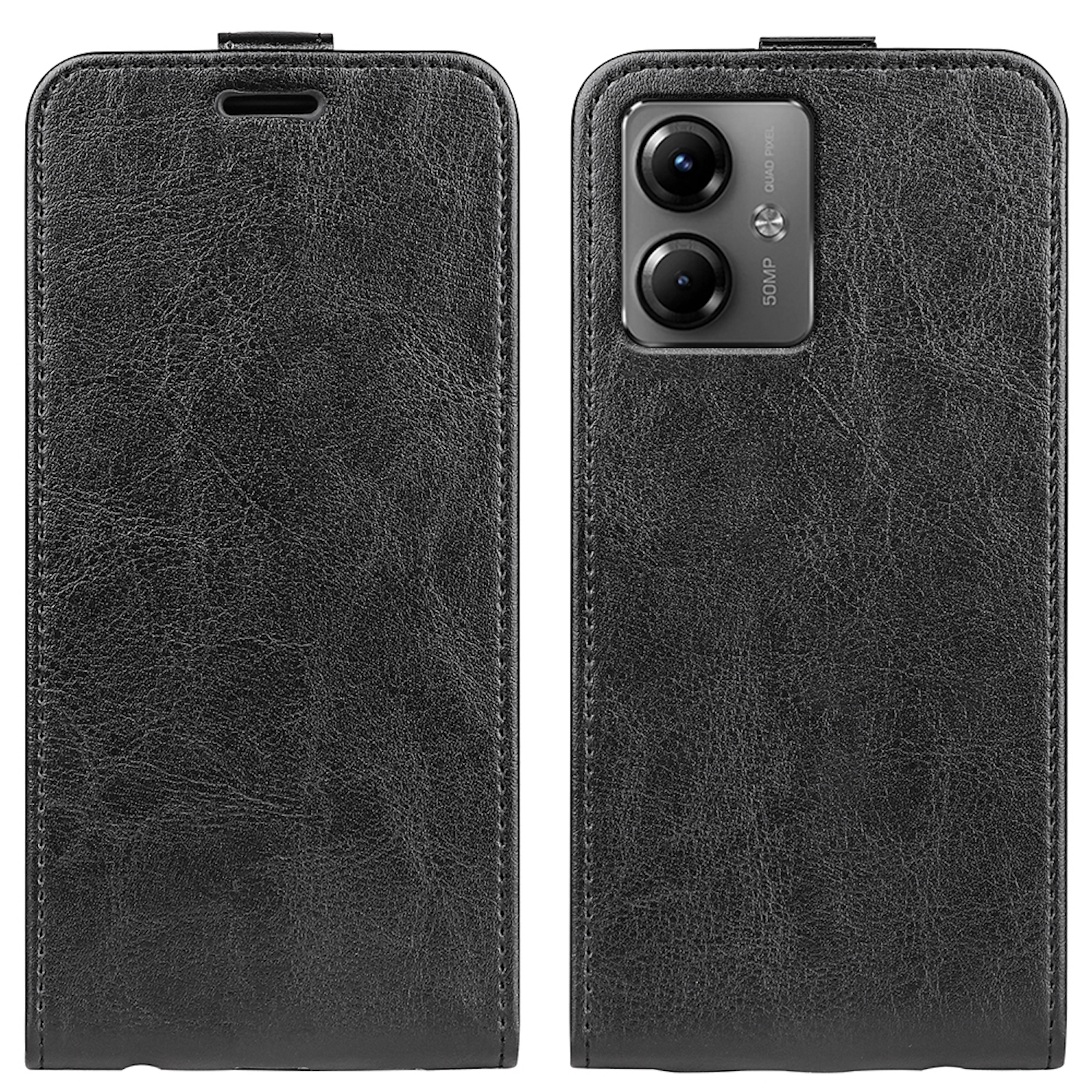 Eine schwarze Handyhülle mit Lederstruktur, geschlossen und offen, zeigt das Telefon im Inneren.