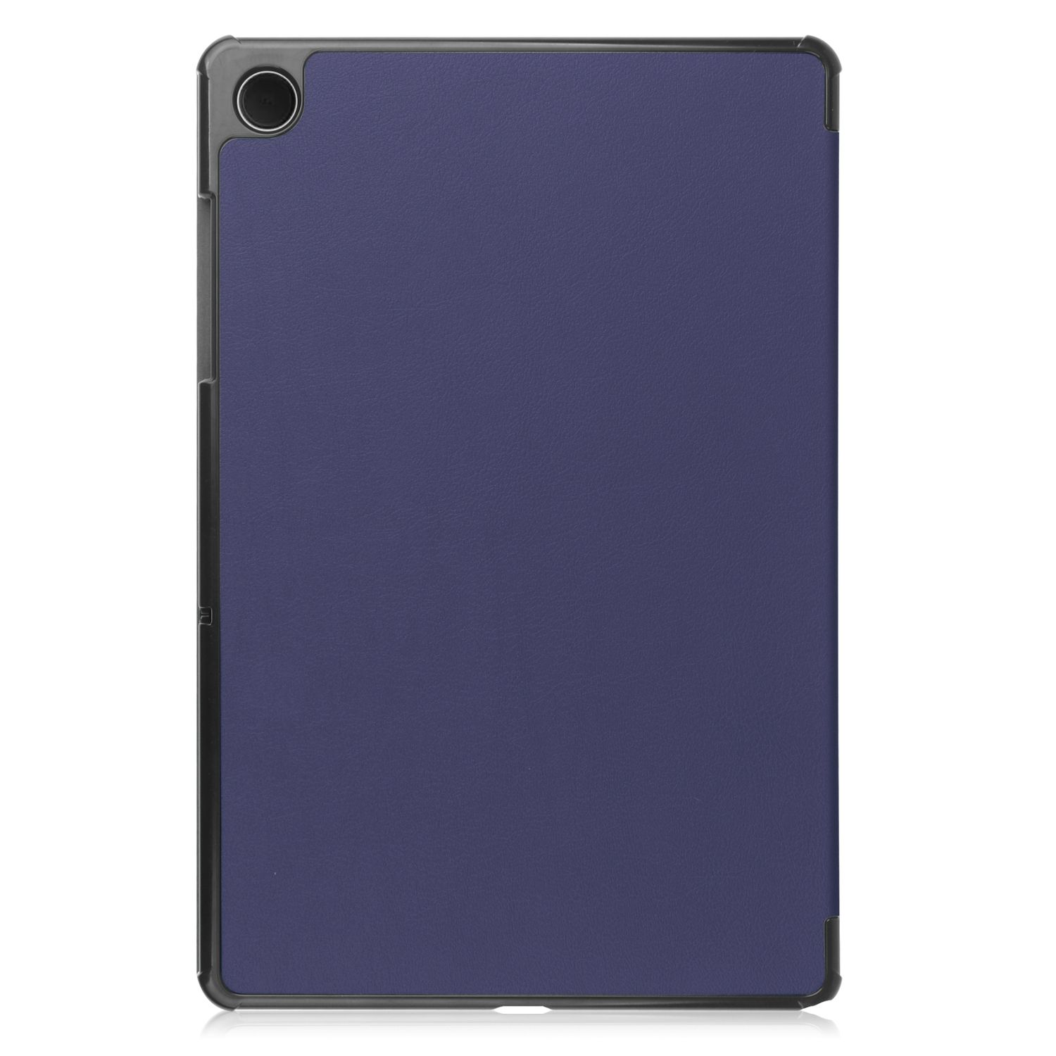 Blaue Tablethülle mit schwarzem Rahmen. Die Hülle ist geschlossen und aus der Frontansicht gezeigt.