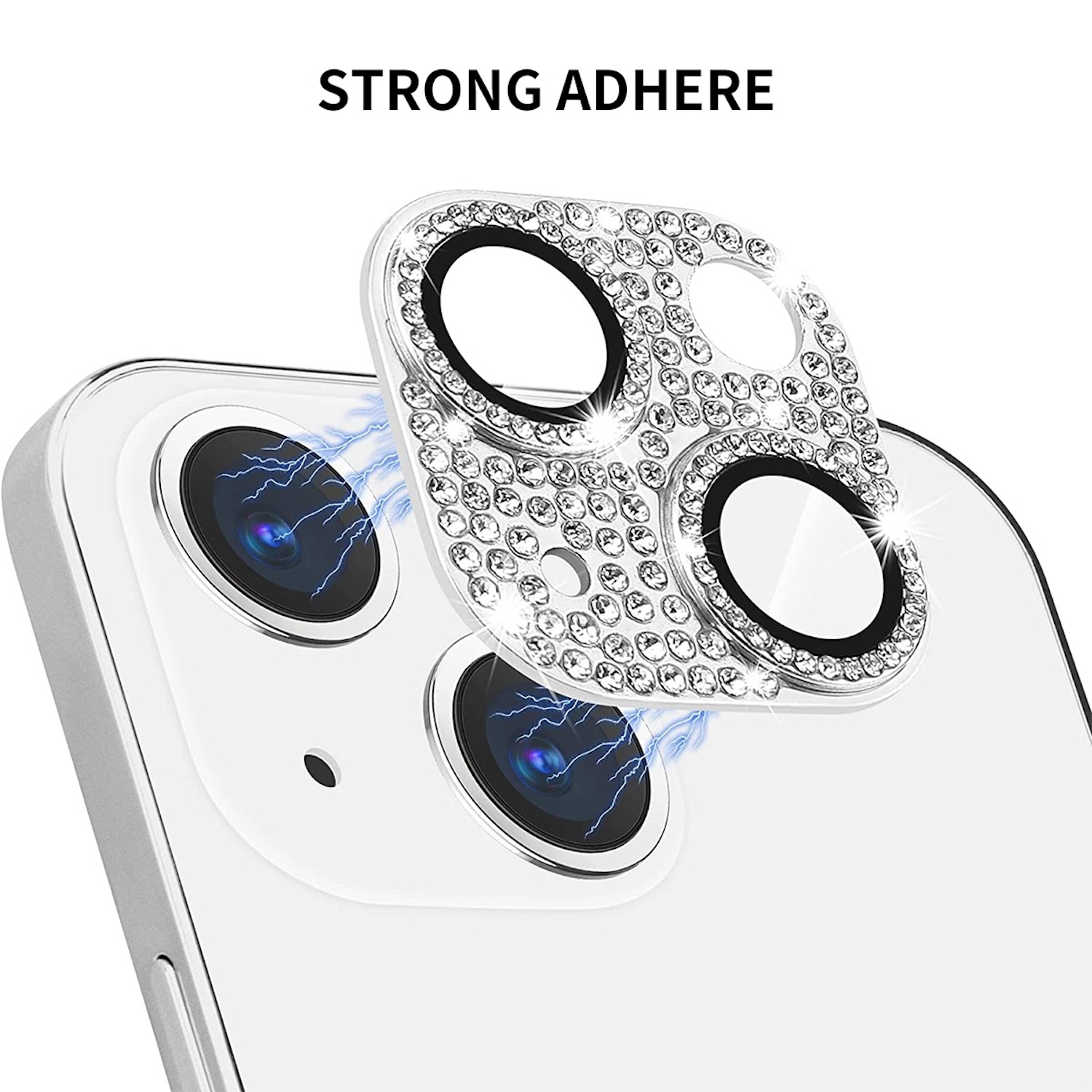 Ein Telefon mit einem Kameraobjektivschutz mit Diamanten darauf. Der Schutz bedeckt die Kameralinsen des Telefons.