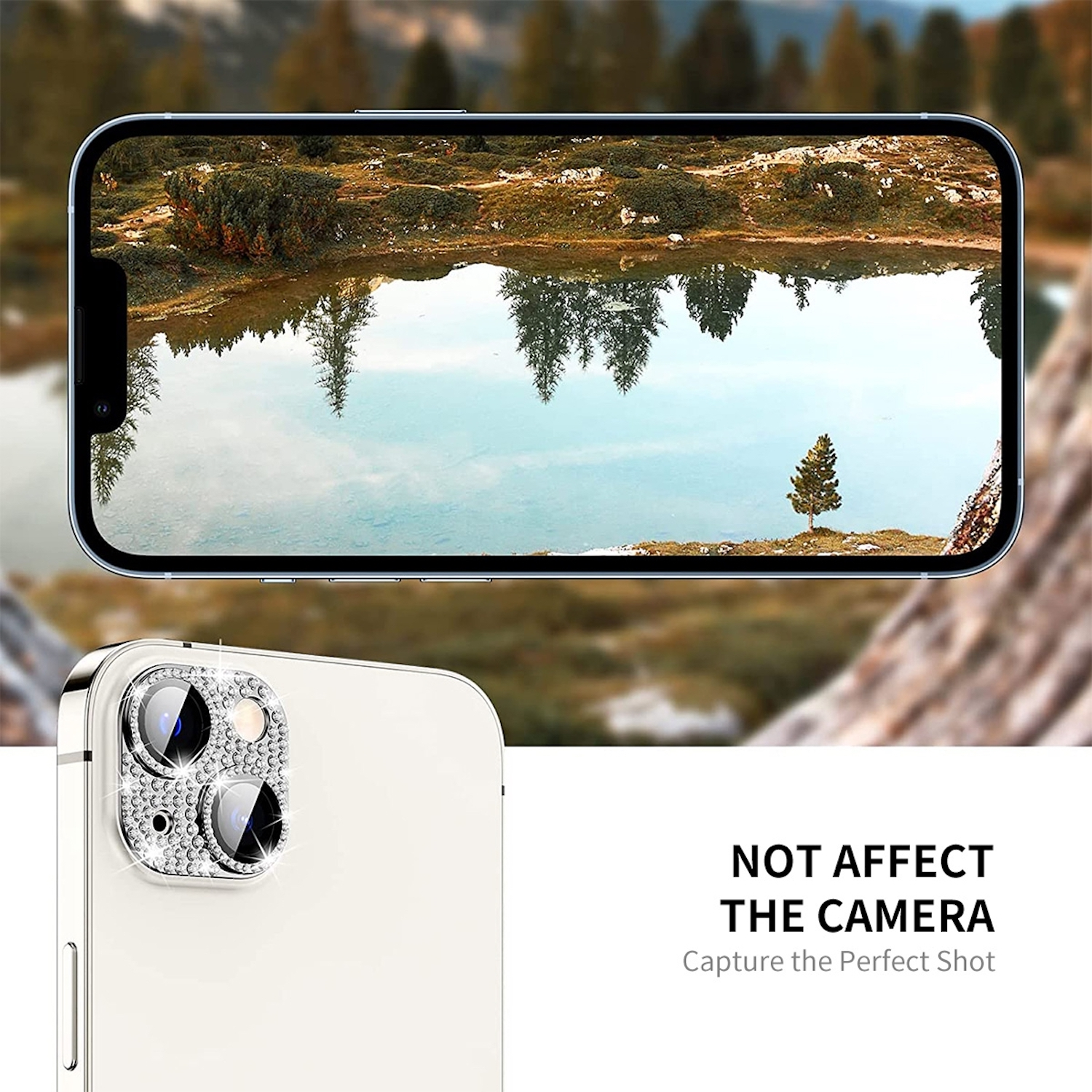 Ein Telefon mit einem Bildschirm, der eine Landschaft zeigt, die sich im Wasser spiegelt. Linsenschutz auf der Kamera.