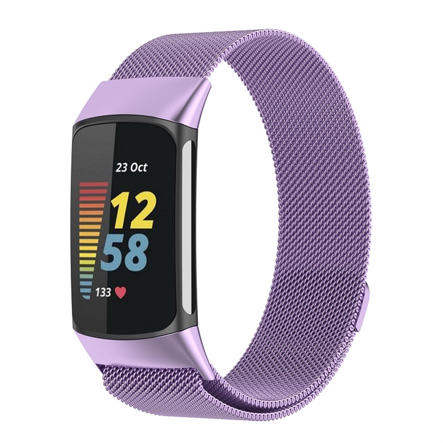 Lila Fitness-Tracker mit einem Bildschirm, der Zeit und Herzfrequenz anzeigt, ein lila Metallband.