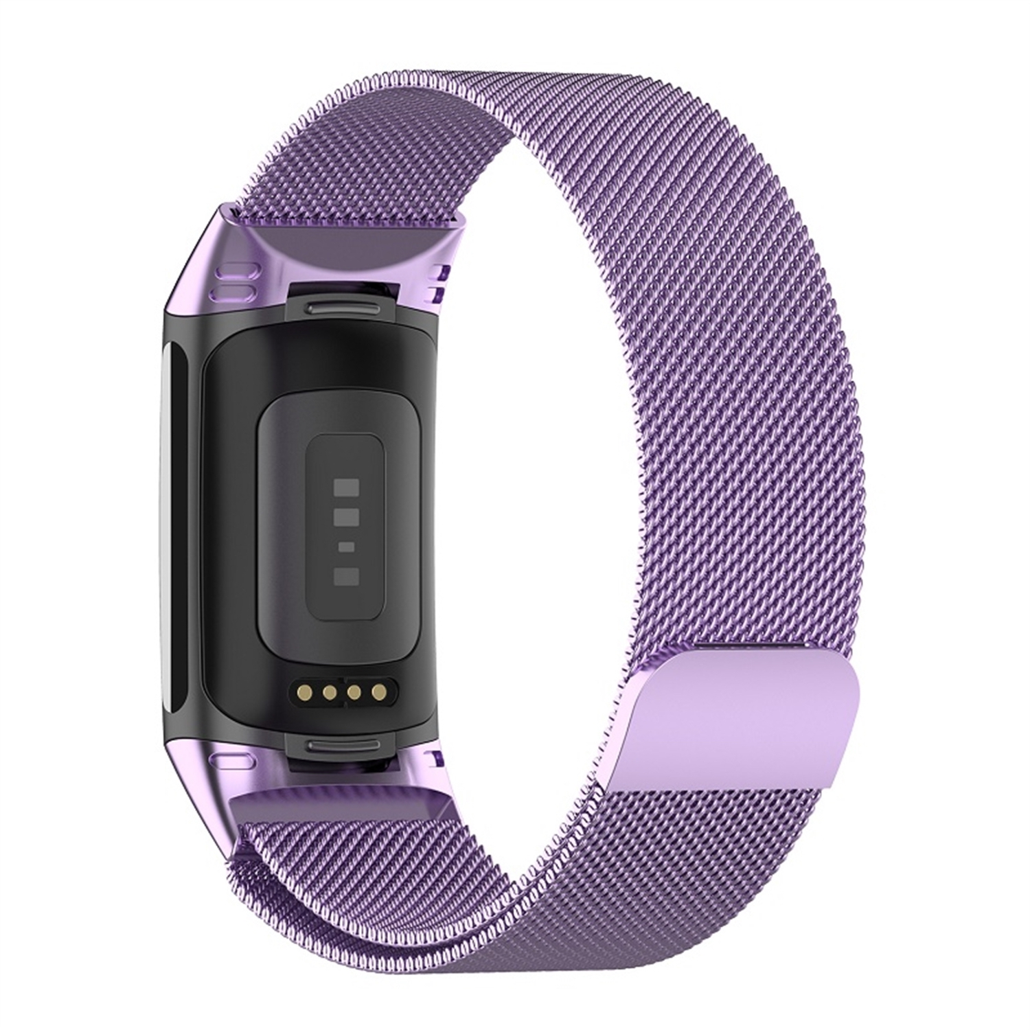 Ein lila Fitness-Tracker-Band. Es hat einen Bildschirm und ein lilafarbenes Mesh-Armband, das sich um das Gerät wickelt.