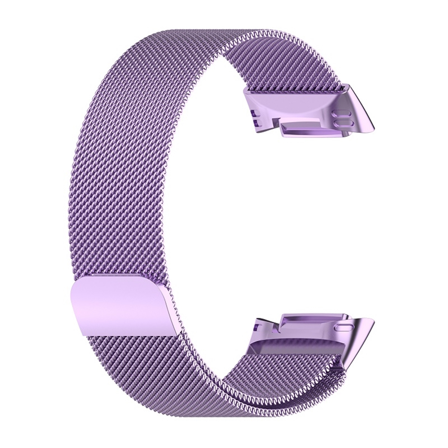 Ein lila Uhrenarmband. Es hat ein Mesh-Design. Der Hintergrund ist weiß.