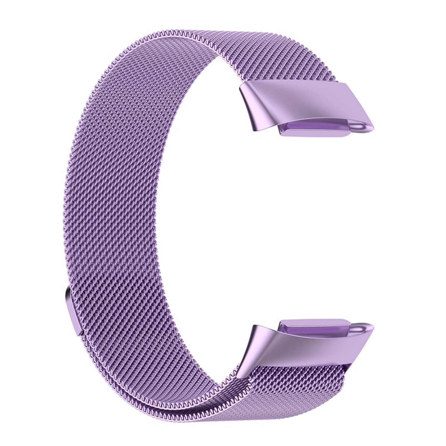 Ein lila Edelstahl-Uhrenarmband, das flach liegt, mit Verschlüssen.