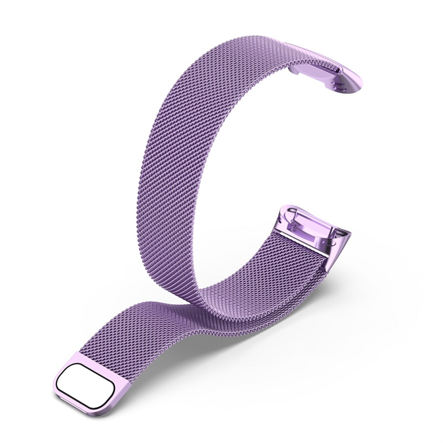 Lila Mesh-Uhrenarmband mit Verschluss. Es ist gebogen und auf weißem Grund.