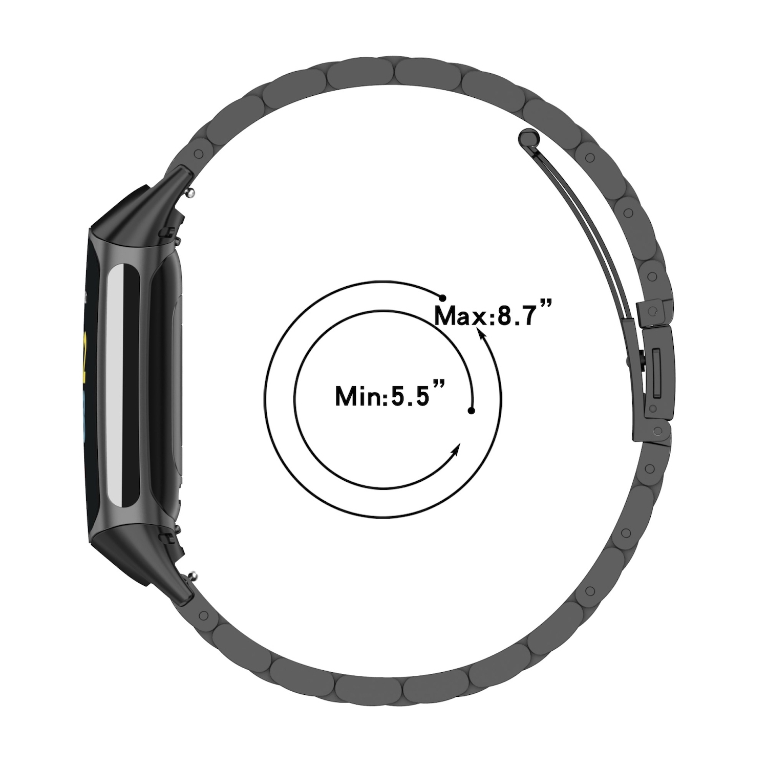 Armbanduhr, dunkelgraue Farbe. Das Band ist kreisförmig. Die Größe liegt zwischen 5,5" min und 8,7" max.