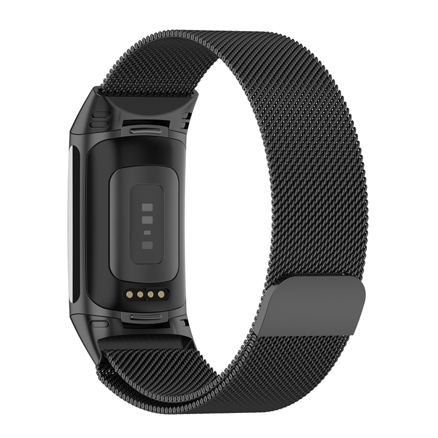 Schwarzer Fitnesstracker mit schwarzem Mesh-Armband, von hinten betrachtet.