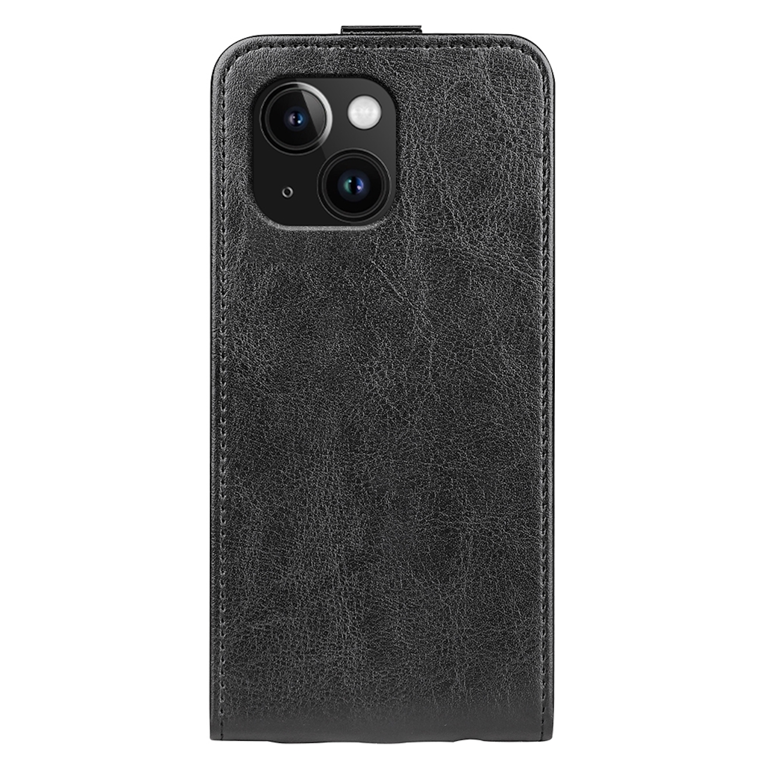 Funda de teléfono negra con recortes para cámara y costuras. La funda está cerrada.