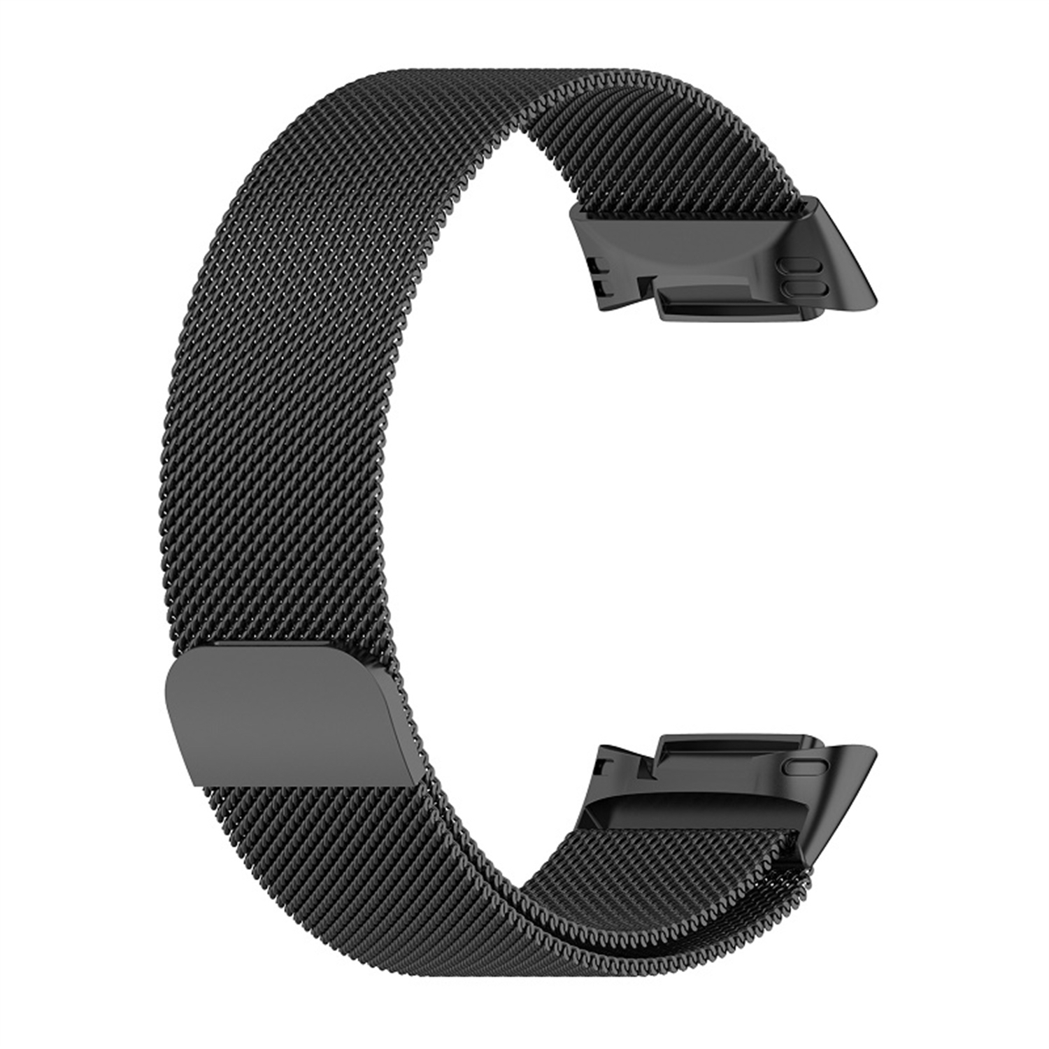 Ein schwarzes Armband aus Metallgeflecht mit einem Verschluss.