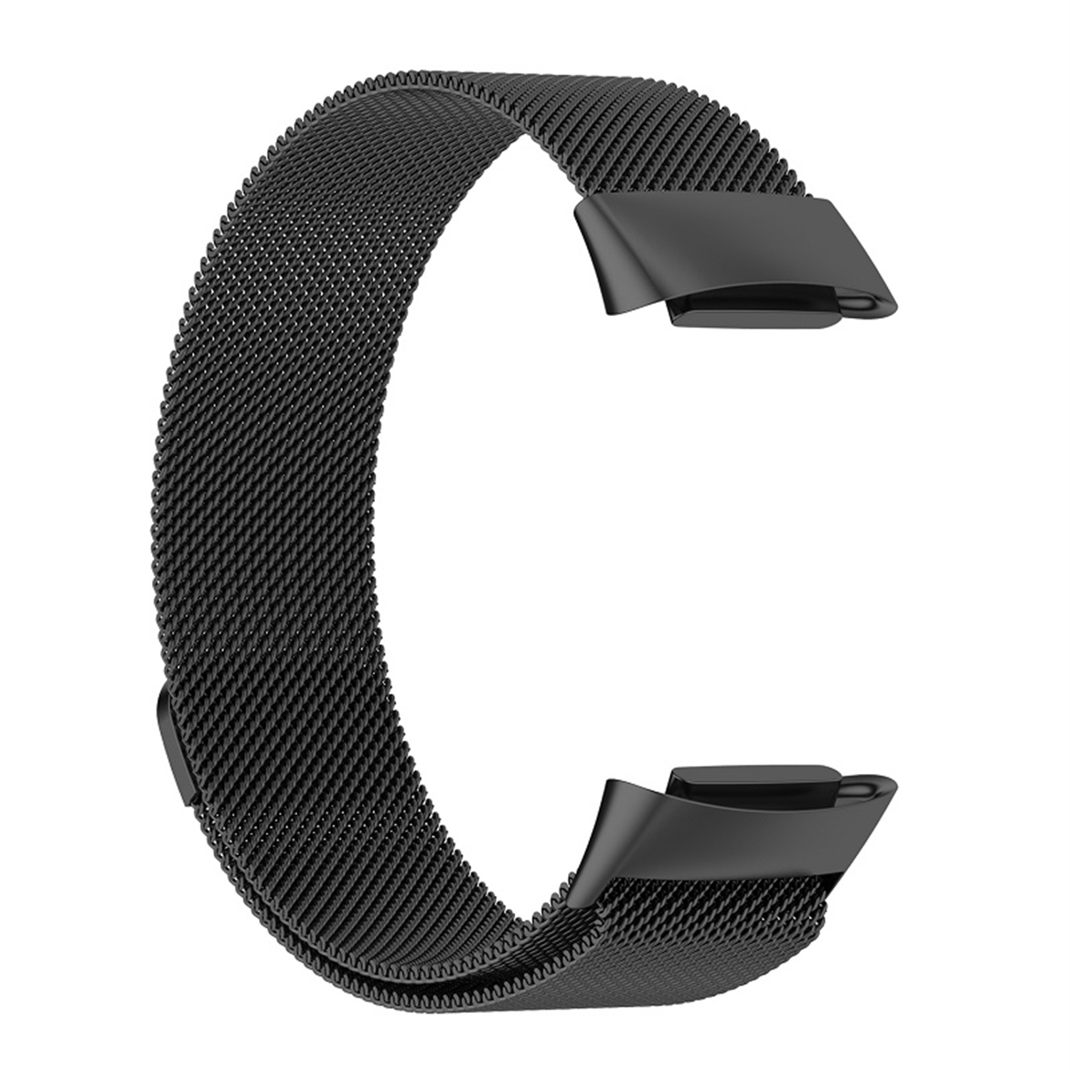 Schwarzes Uhrenarmband aus Metallgeflecht auf weißem Hintergrund.