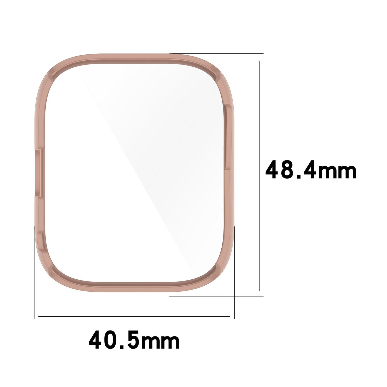 Ein roségoldfarbener, quadratischer Smartwatch-Bildschirm mit den Maßen 48,4 mm x 40,5 mm.