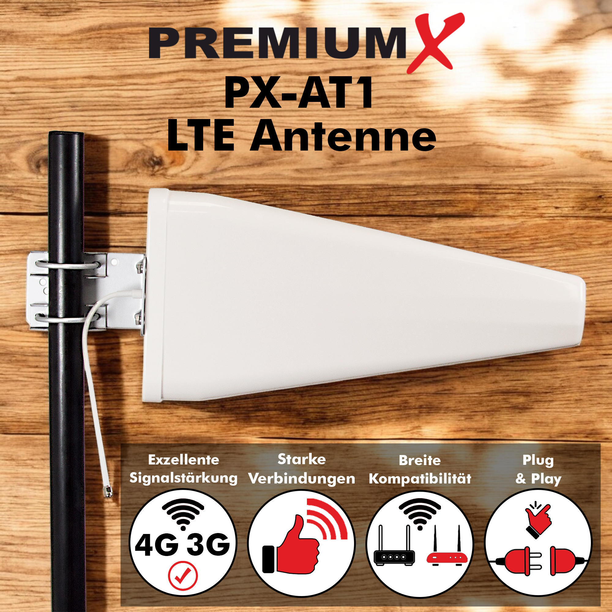 Weiße LTE-Antenne mit Halterung, auf Holzgrund.