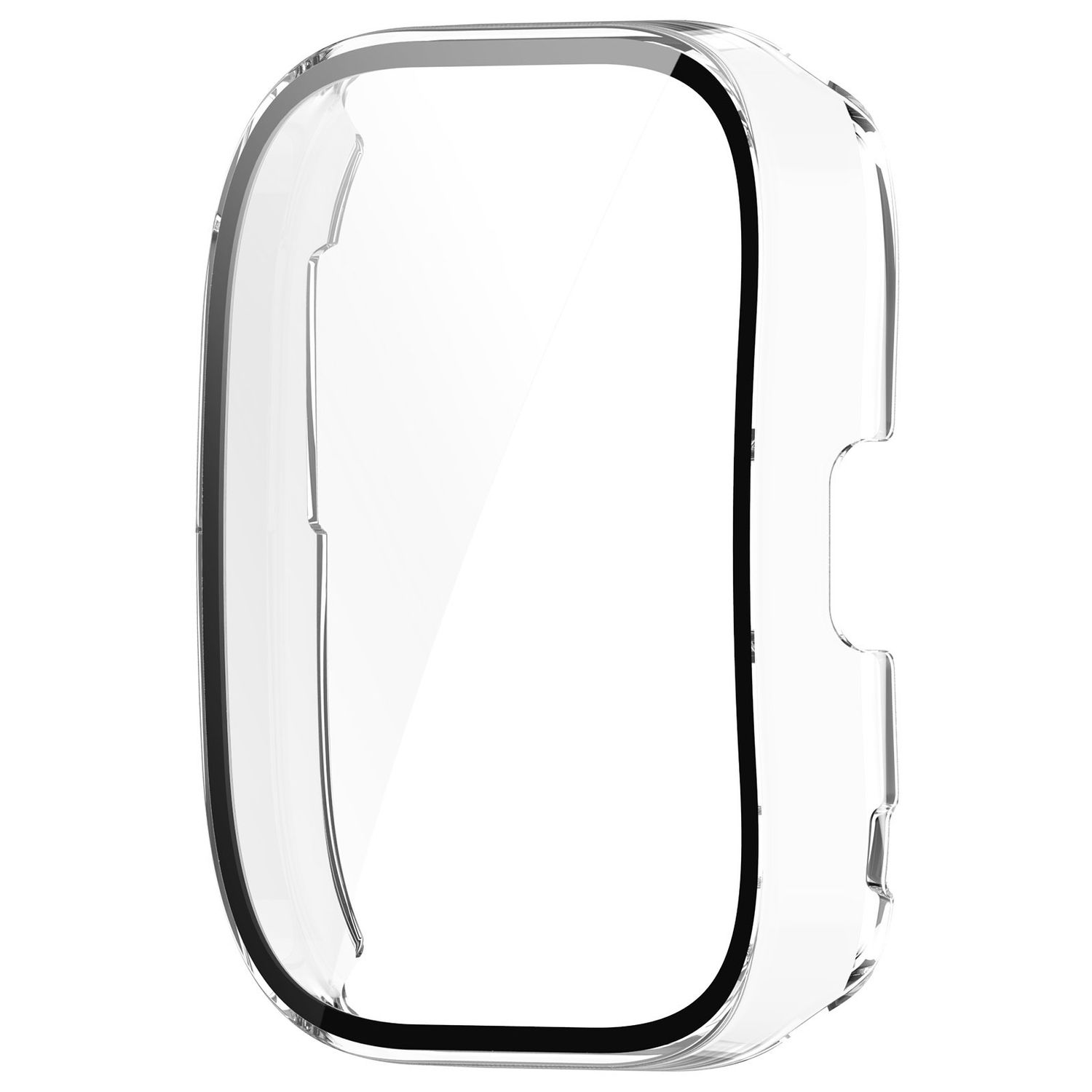 Eine transparente Schutzhülle für eine Smartwatch, die den Umriss des Geräts zeigt.