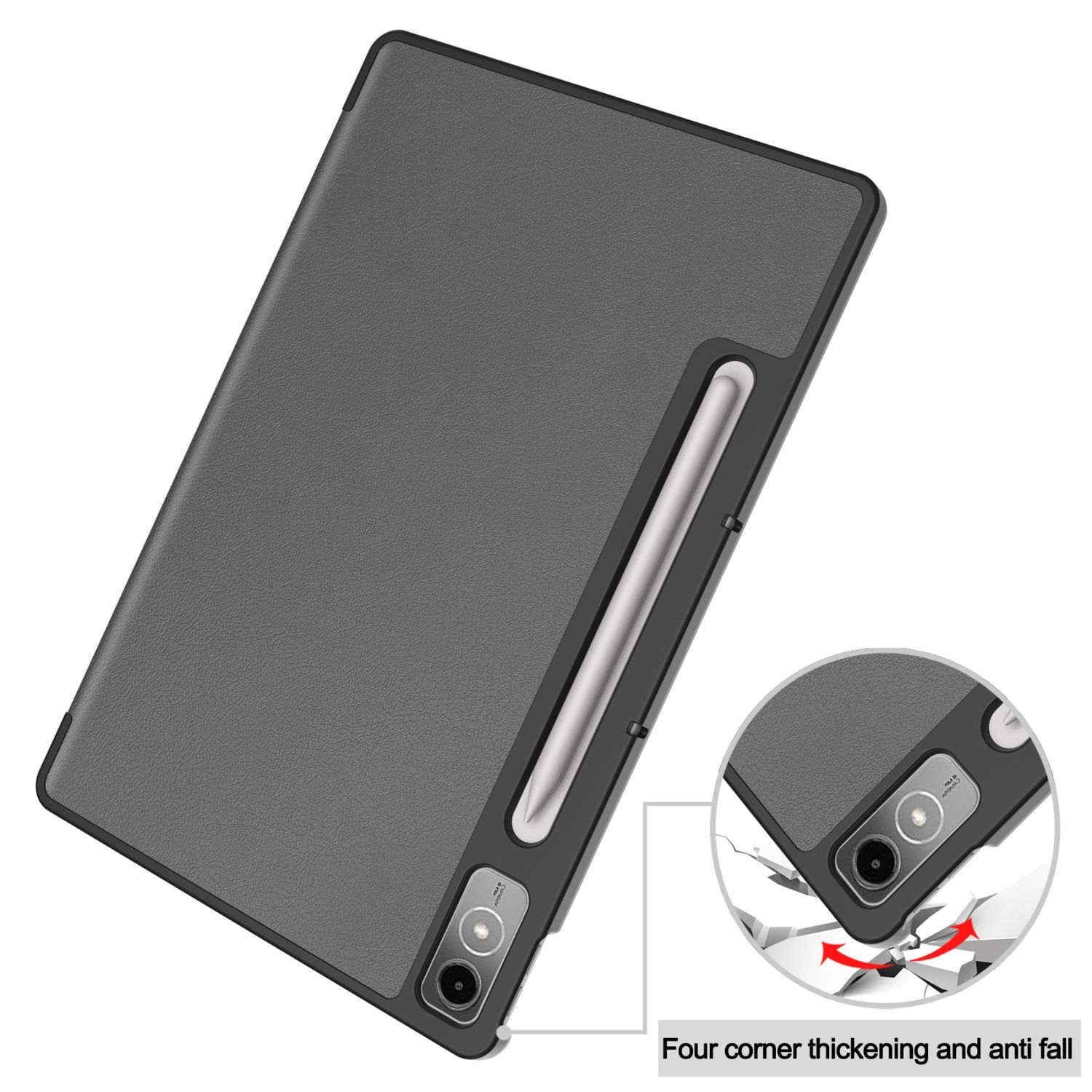 Graues Tablet mit eingelegtem Stift, Nahaufnahme zeigt Stoßfestigkeit an der Ecke.