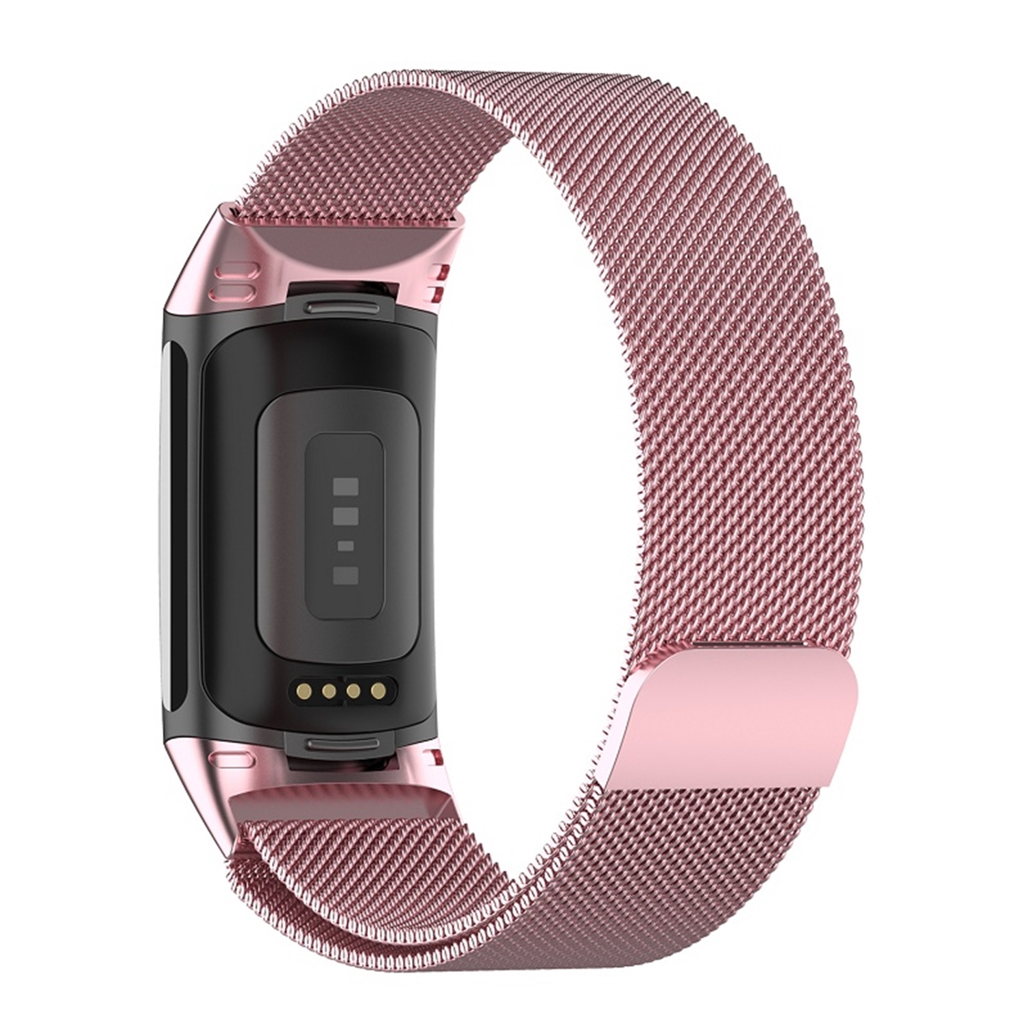 Ein roségoldenes Mesh-Armband mit einer schwarzen Smartwatch. Das Band ist abgenommen und liegt neben der Uhr.