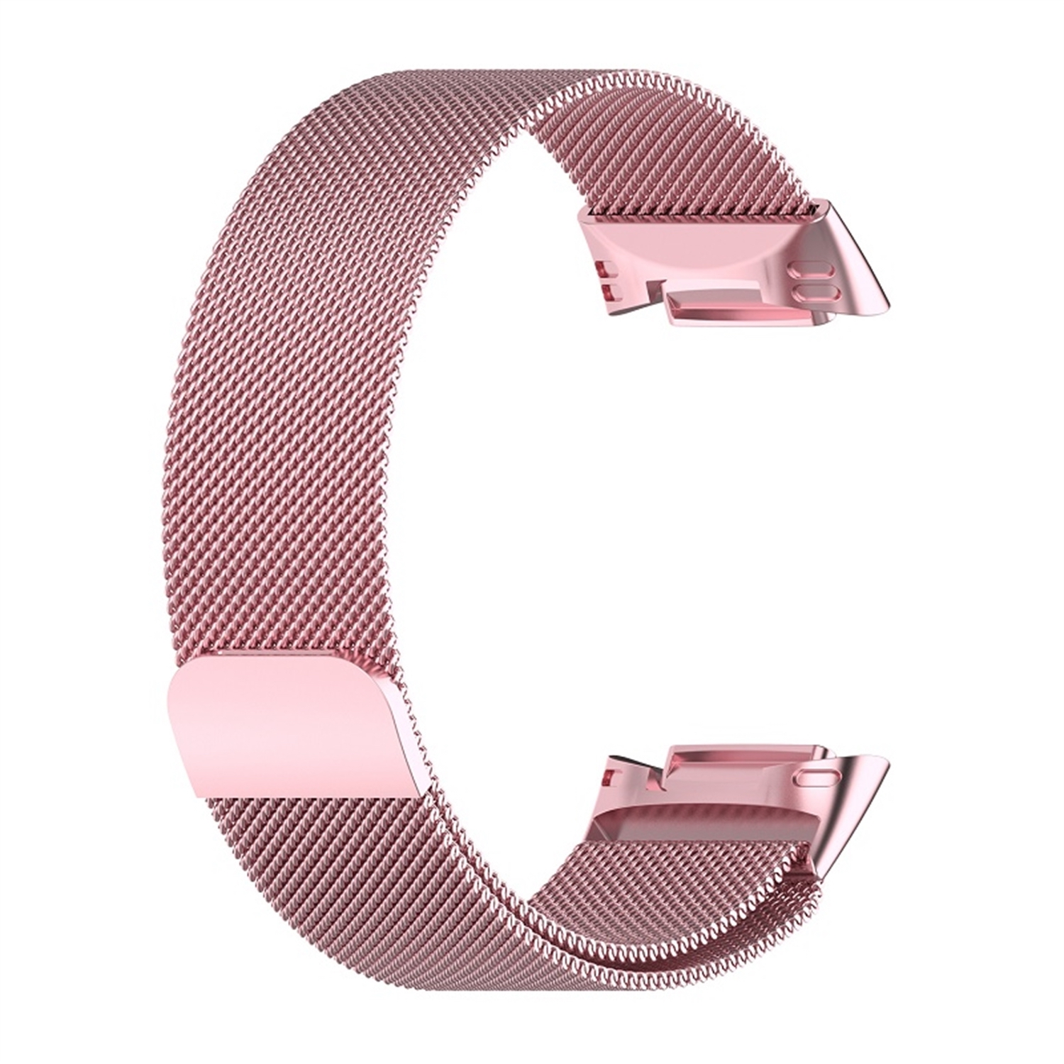 Roségoldenes Mesh-Armband mit Verschluss, gebogen.