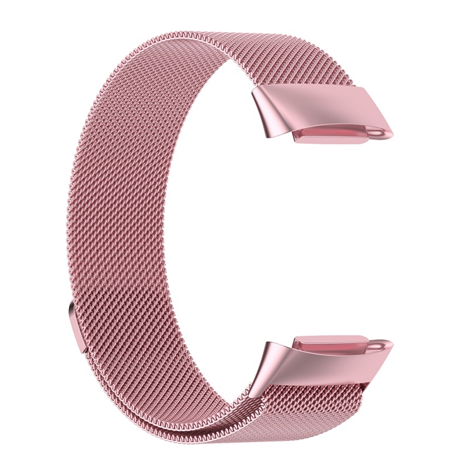 Roségoldenes Uhrenarmband aus Metallgeflecht in C-Form mit Verschlüssen an jedem Ende.