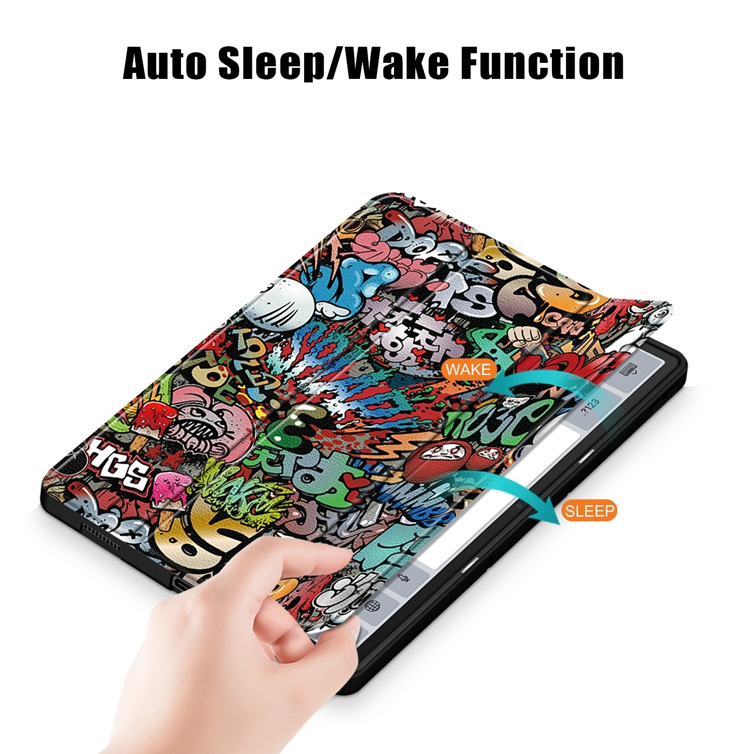 Funda de tableta con diseño de graffiti, con etiquetas WAKE y SLEEP con una cubierta abierta.