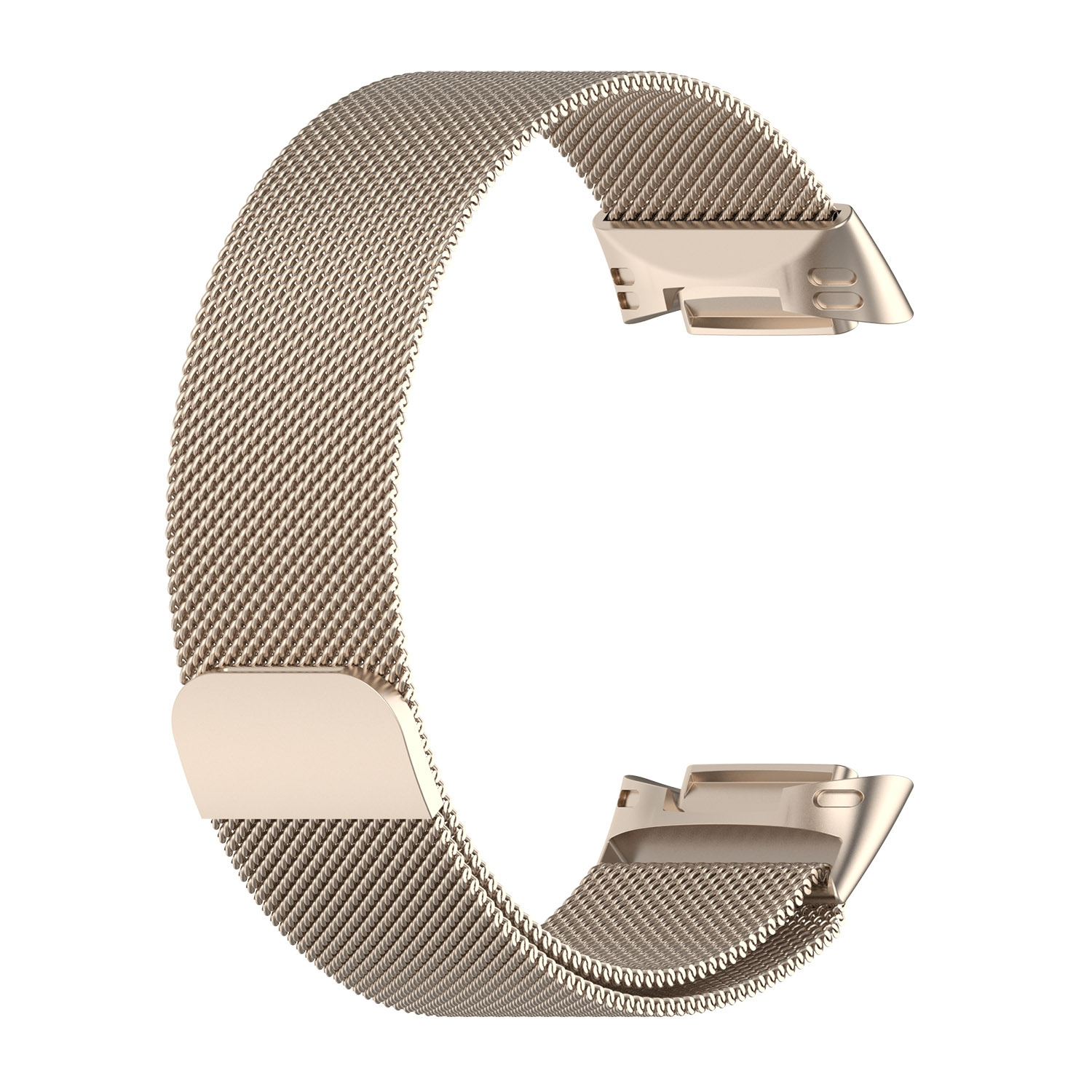 Goldenes Uhrenarmband. Das Band ist aus Metall, im Mesh-Stil. Zwei Verschlüsse sind sichtbar.