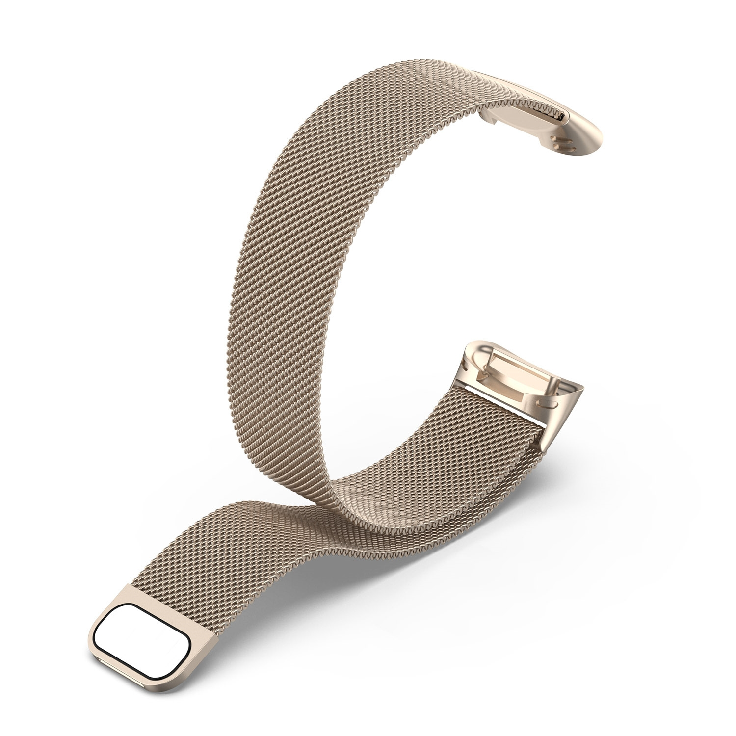 Ein goldenes, flexibles Uhrenarmband mit Mesh-Design, isoliert auf weißem Hintergrund.