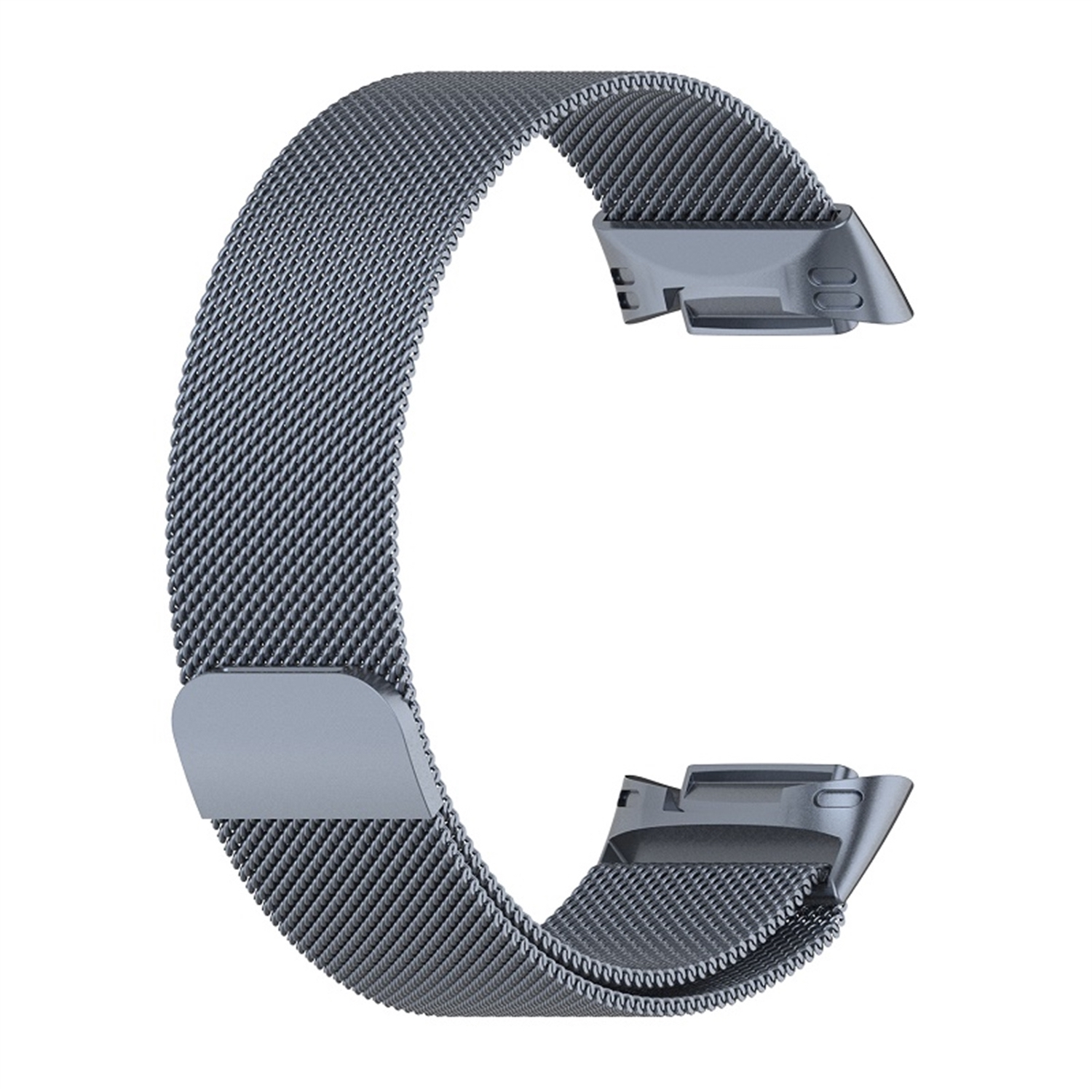 Silbernes Mesh-Uhrenarmband mit Magnetverschluss, gebogen und einsatzbereit.