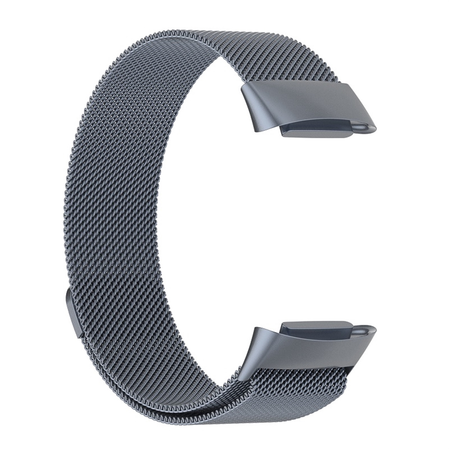 Ein dunkelgraues Uhrenarmband in C-Form, isoliert auf weißem Hintergrund.