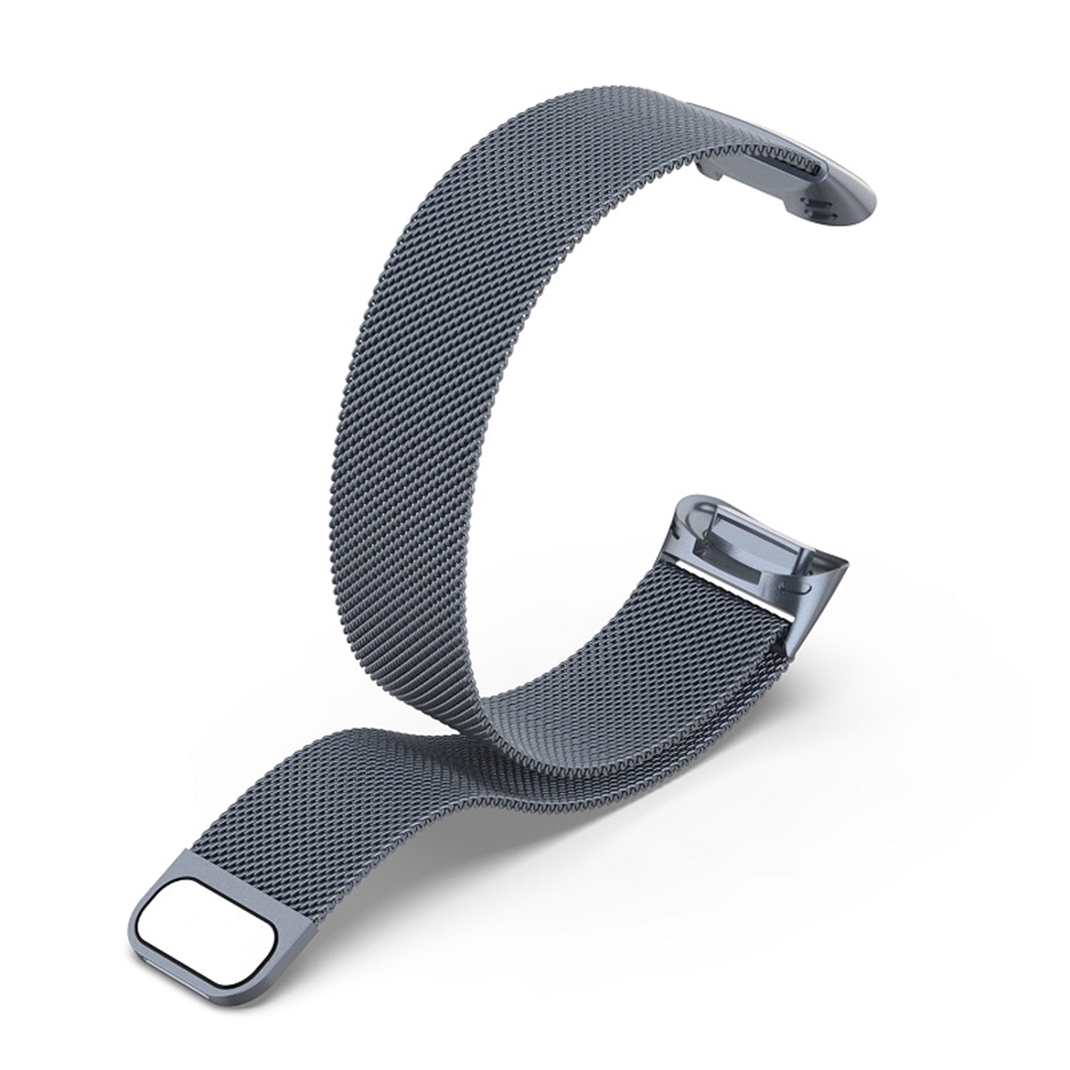 Ein graues Metall-Armband, gebogen. Das Band hat einen Verschluss.