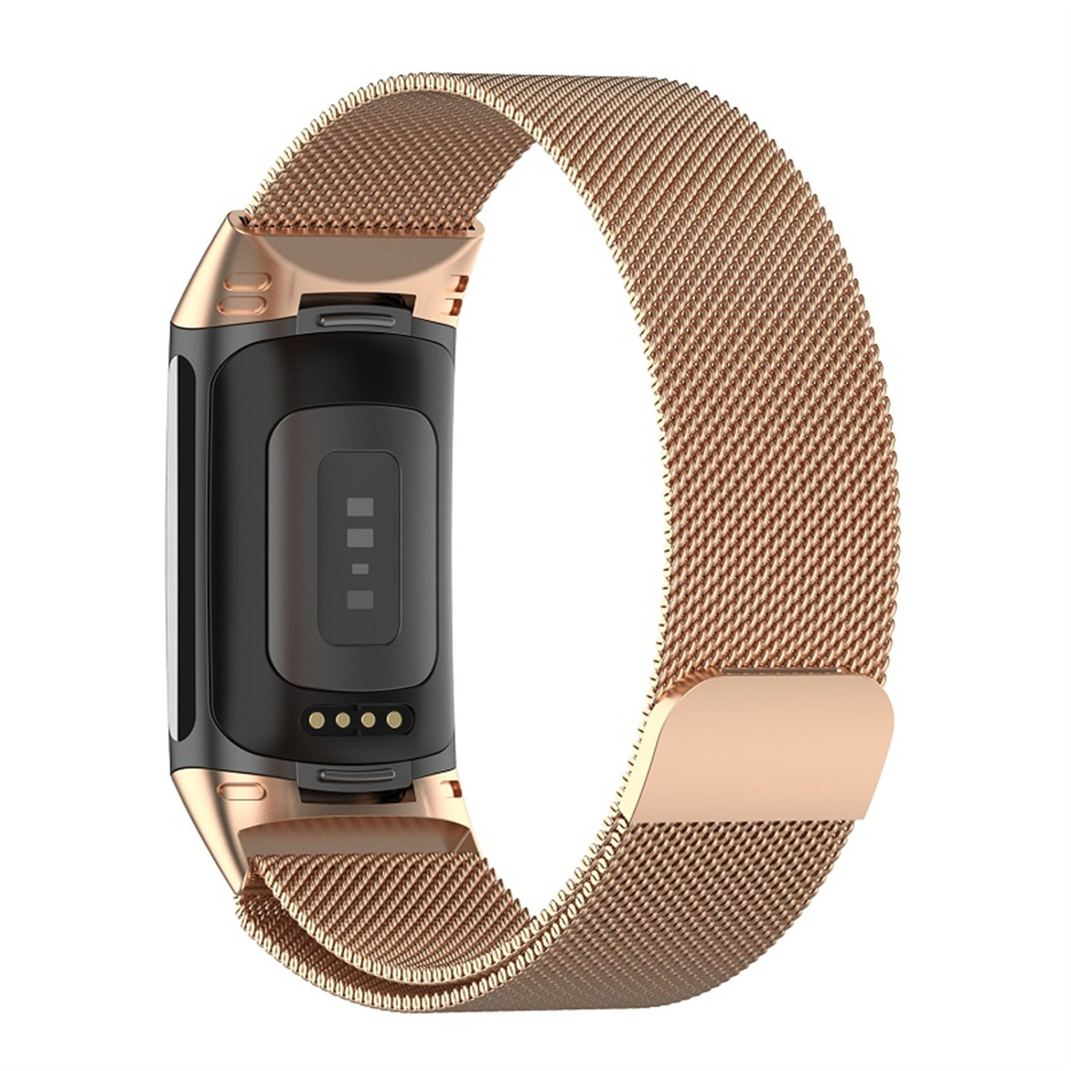 Roségoldenes Smartwatch-Armband. Schwarzes Smartwatch-Gehäuse. Weißer Hintergrund.