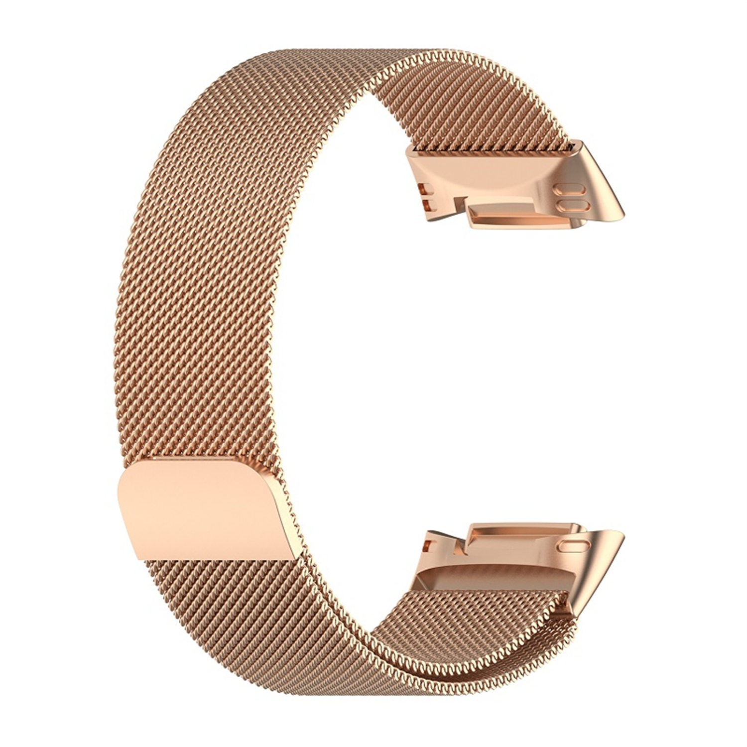 Roségoldenes Uhrenarmband mit Mesh-Design und Verschluss.