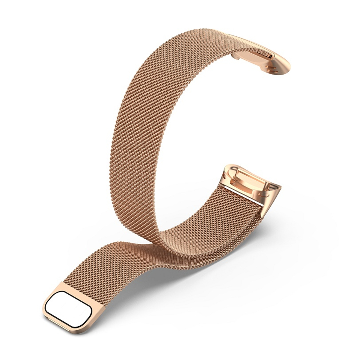 Roségoldenes Uhrenarmband auf weißem Hintergrund. Es ist gebogen.