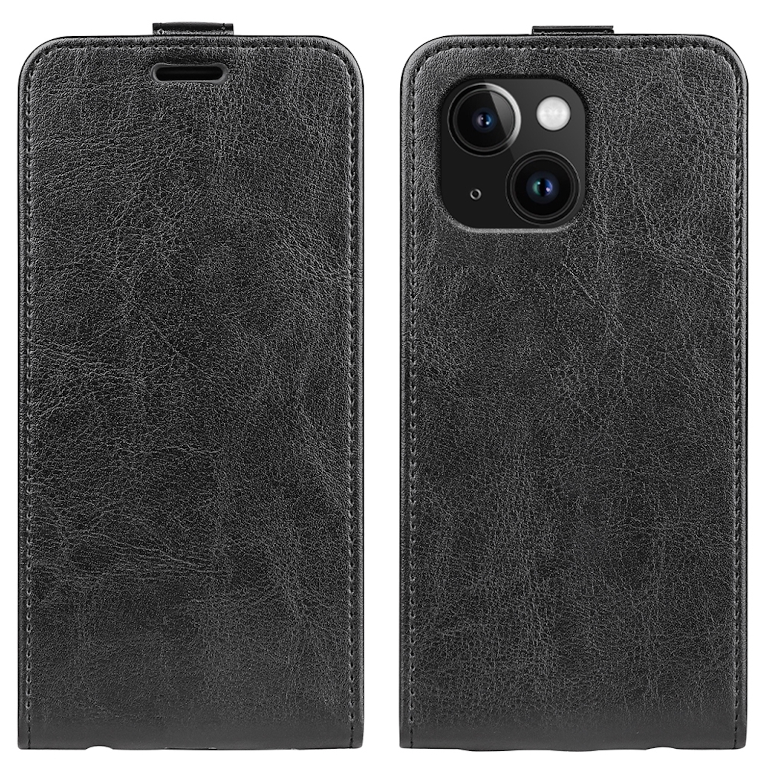 Dos fundas de teléfono de cuero negro. Una cerrada, la otra abierta con una cámara visible.