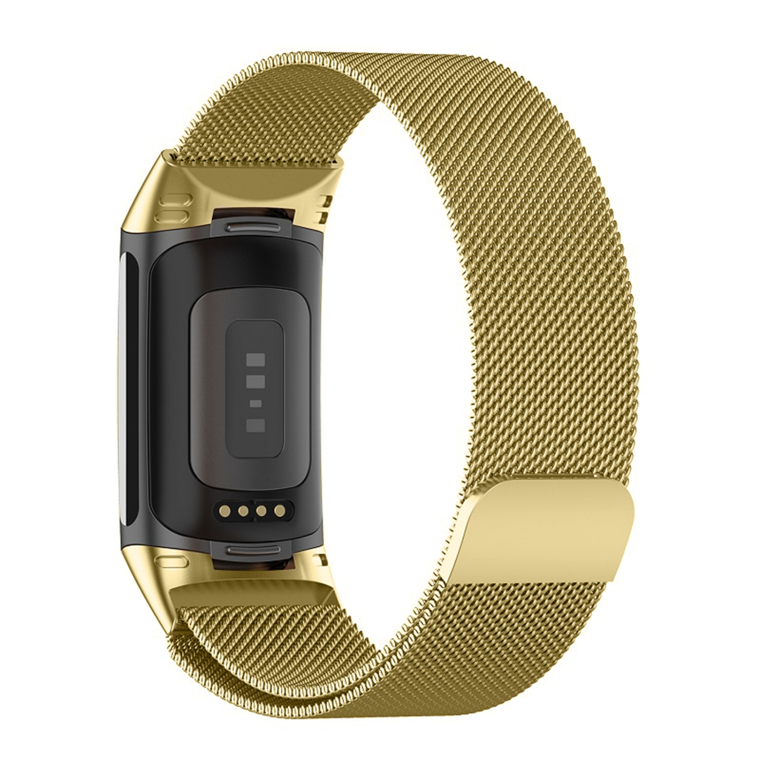 Goldenes Mesh-Uhrenarmband mit schwarzem Display. Weißer Hintergrund.