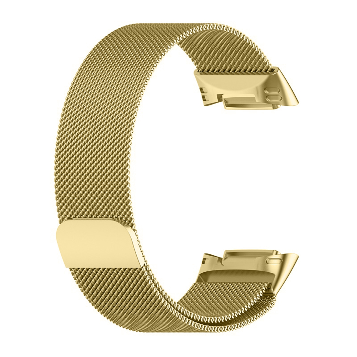 Goldenes Mesh-Uhrenarmband mit Verschluss. Nahaufnahme, zeigt das Metallgewebe und den Verschluss.