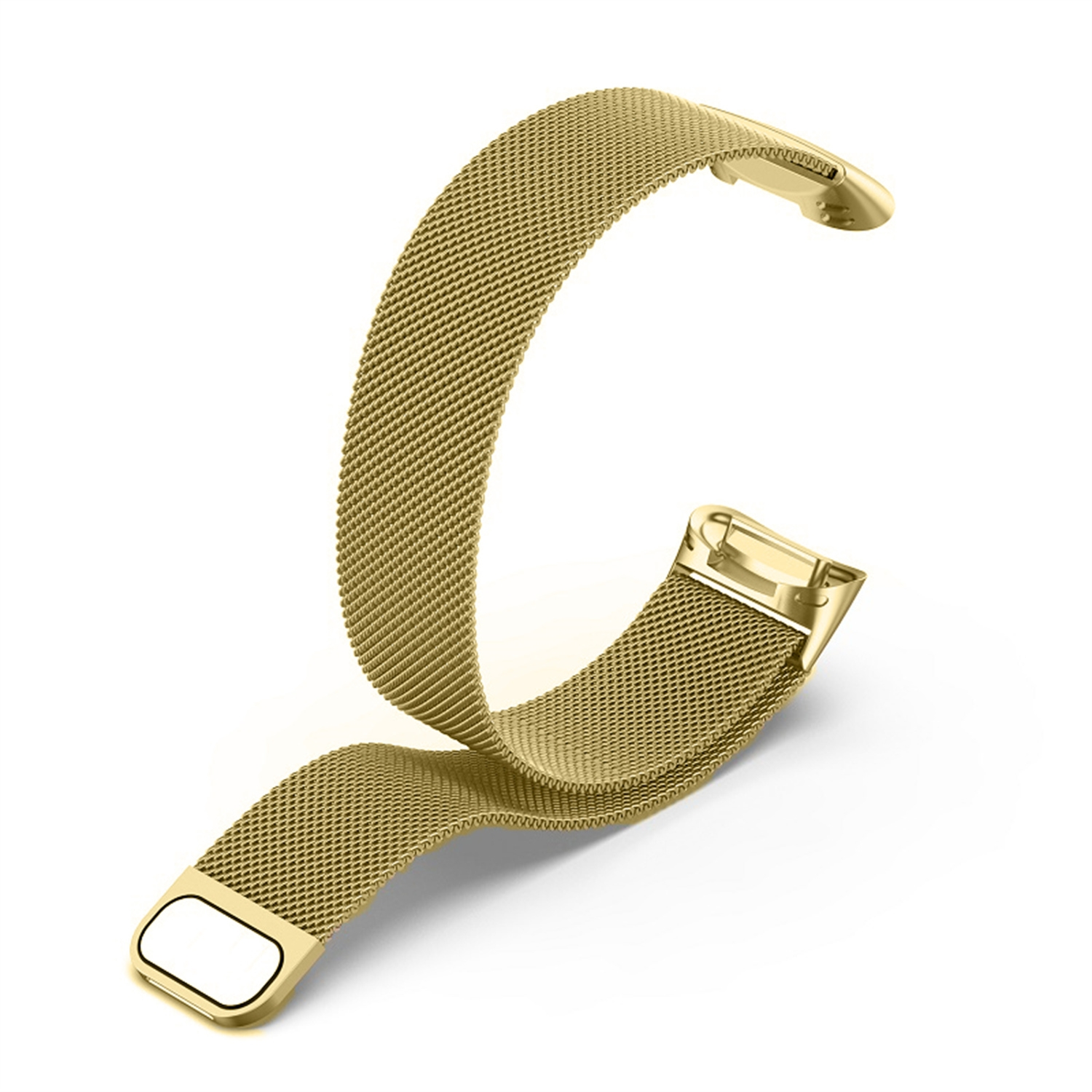 Ein goldfarbenes Metall-Uhrenarmband. Das Armband ist gebogen und hat einen Verschluss. Der Hintergrund ist weiß.