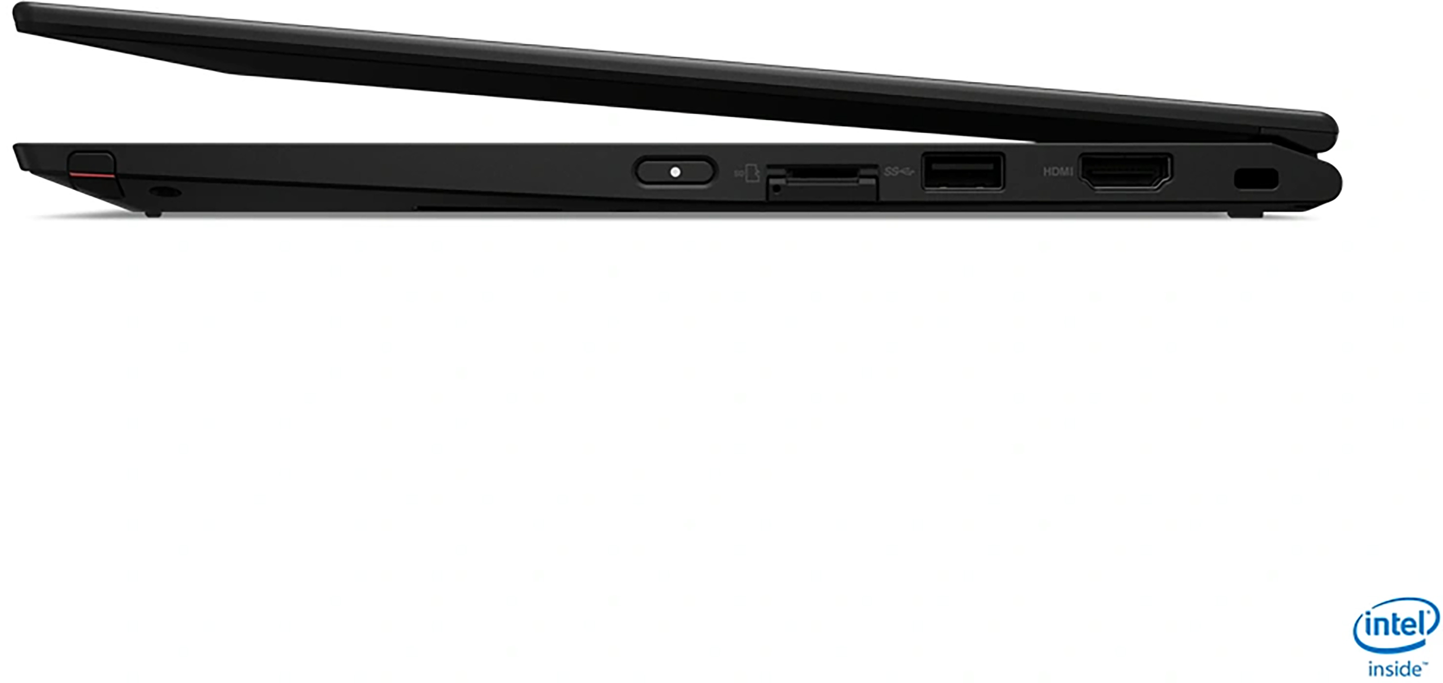 Side view of a black laptop with ports, including HDMI and USB.