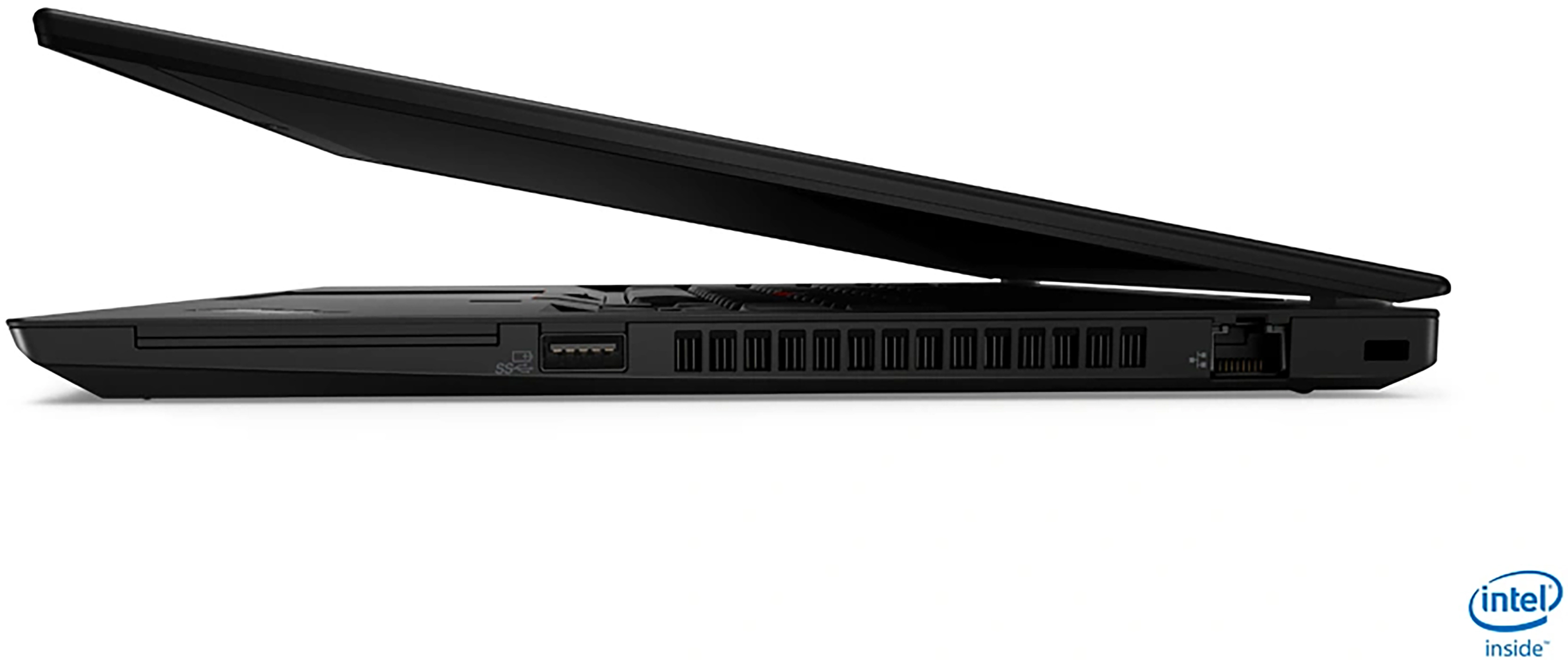 A black laptop, closed, showing the side with ports and the Intel Inside logo.
