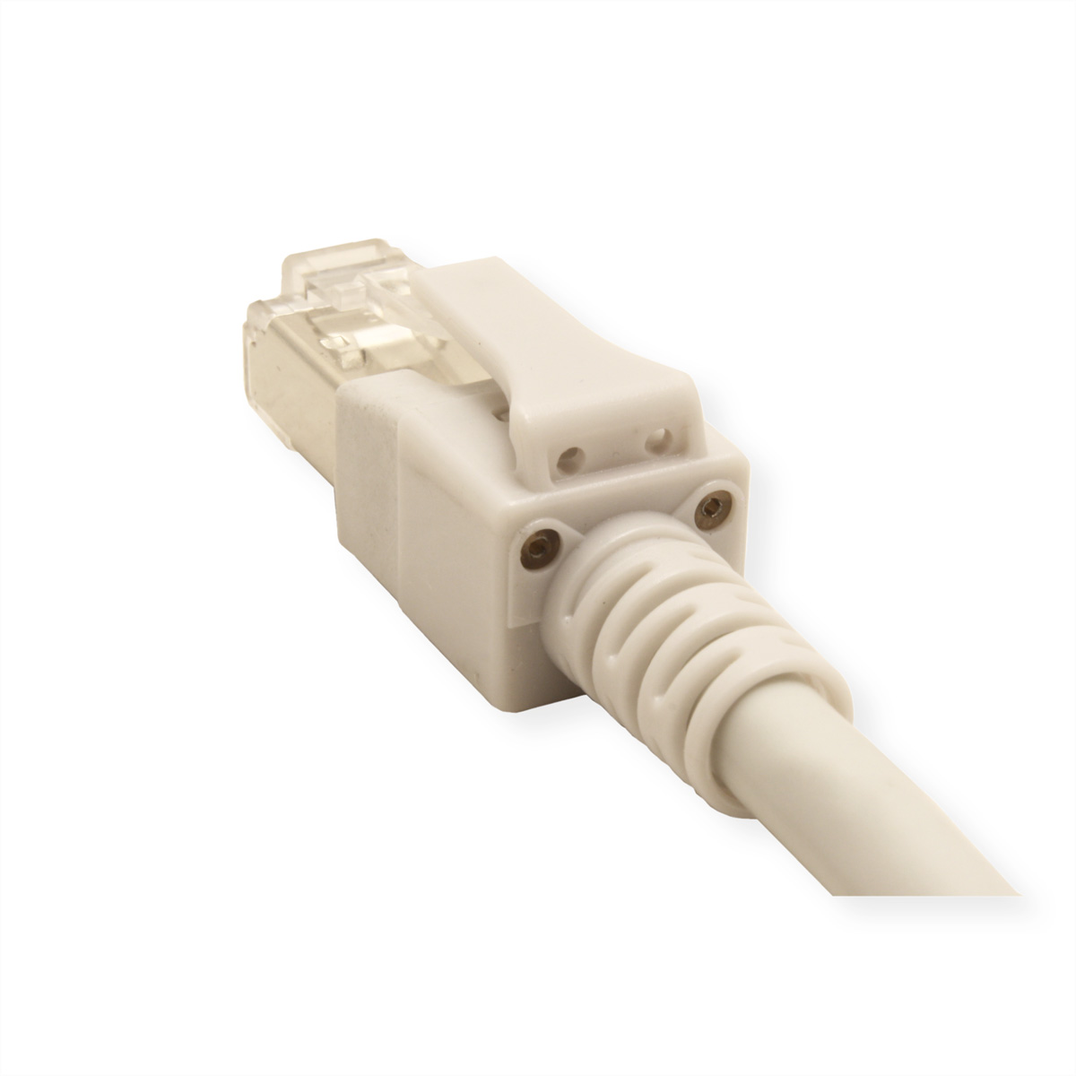 Primo piano di un connettore per cavo di rete RJ45 bianco, angolato su sfondo bianco.