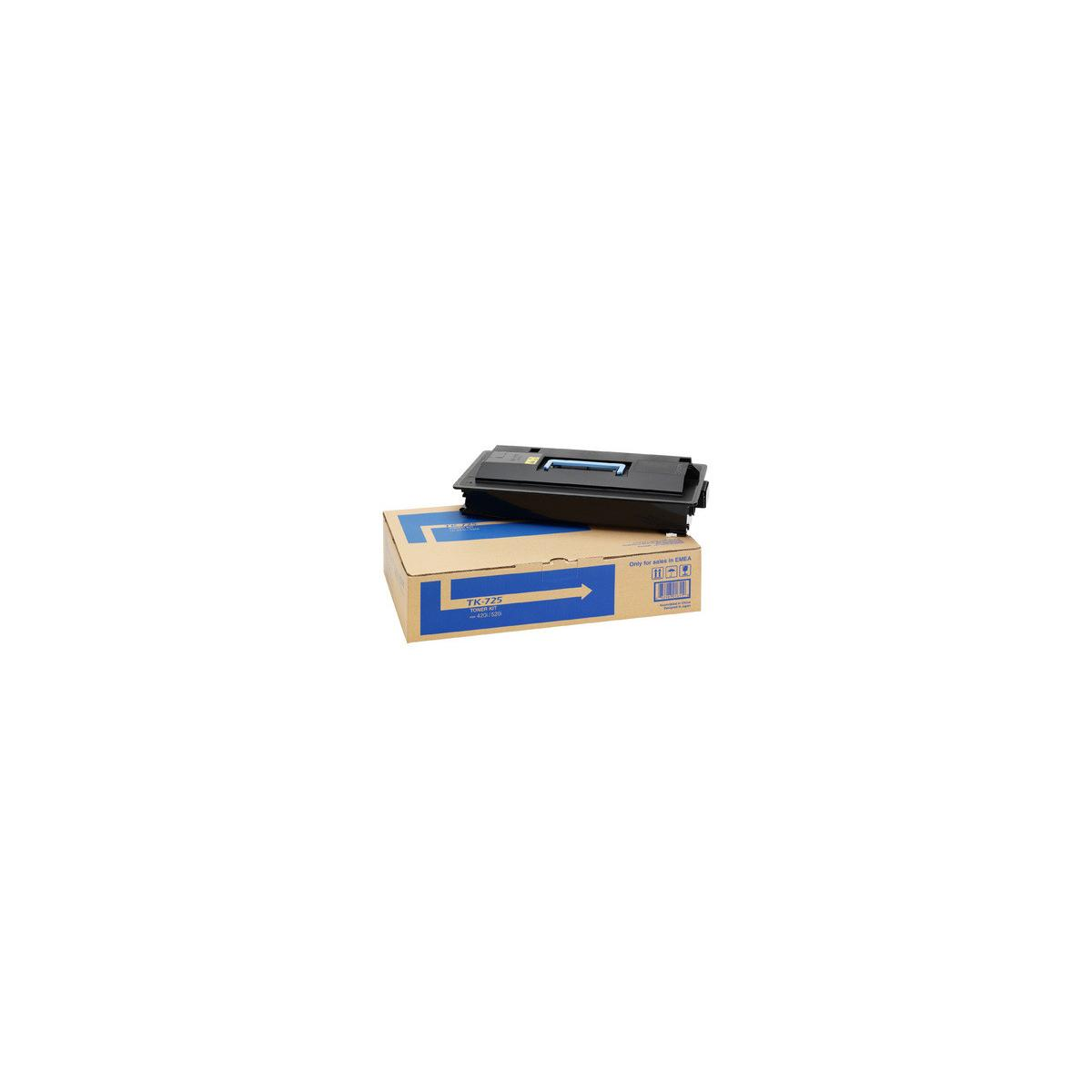 Una cartuccia toner nera su una scatola beige con una freccia blu, su sfondo bianco.