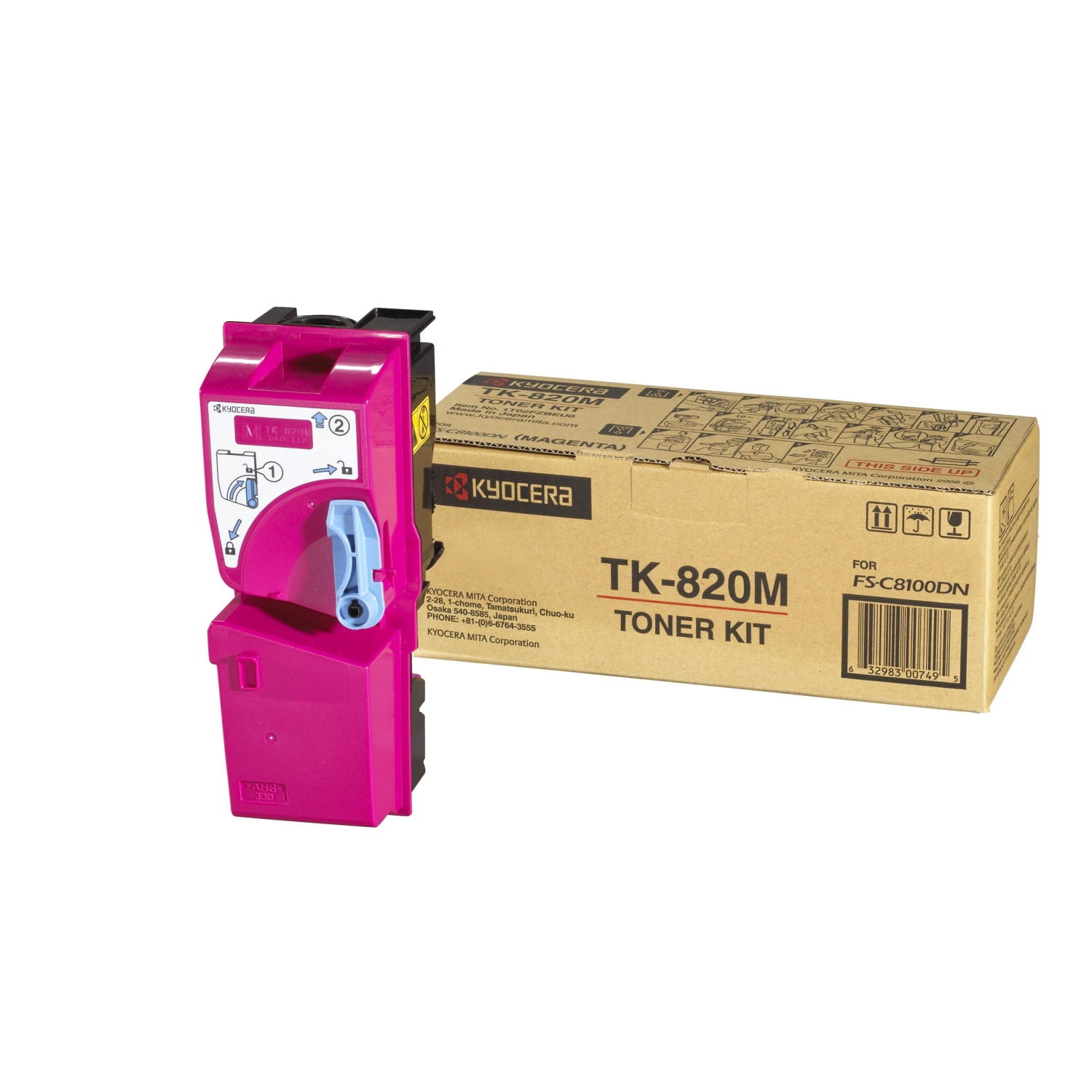Magenta tonercartridge en tonerkitsdoos. De doos is bruin, met Kyocera en TK-820M erop gedrukt.