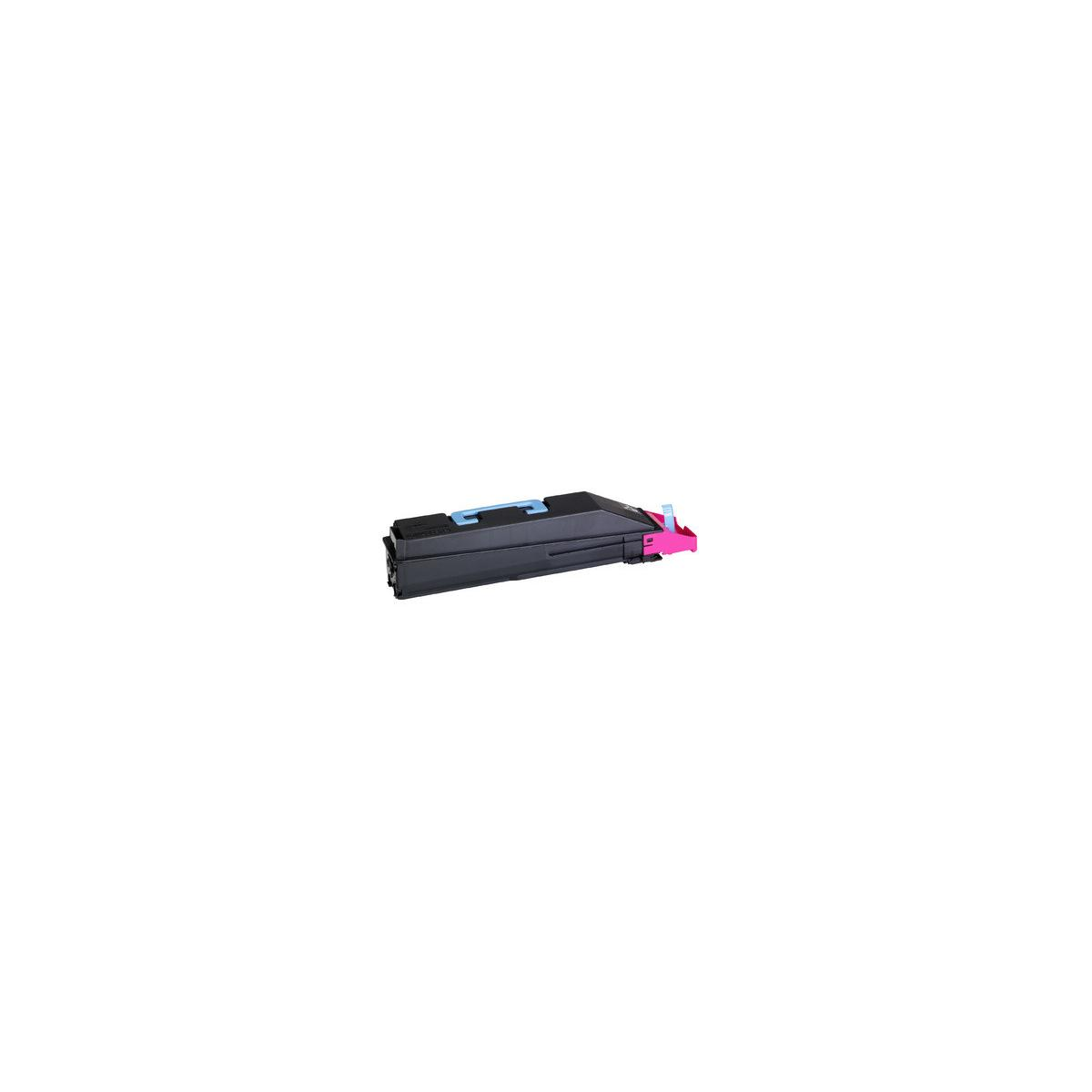 Cartuccia toner nera con dettagli blu e rosa. È su sfondo bianco.
