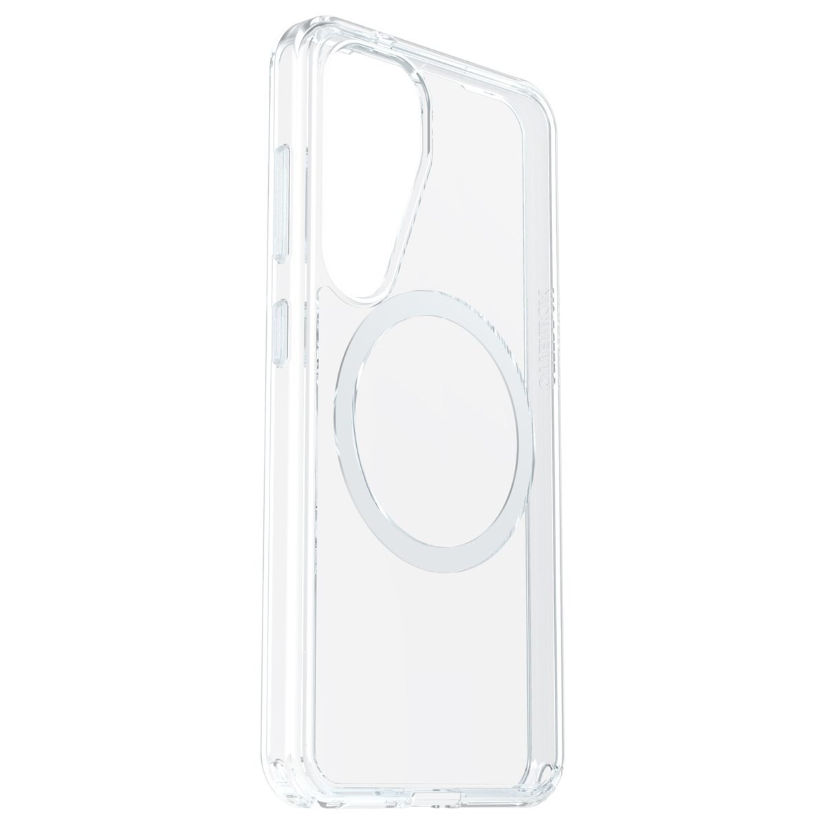 Transparante telefoonhoes met een ringmagneet op de achterkant, schuin om de zijknoppen te laten zien.