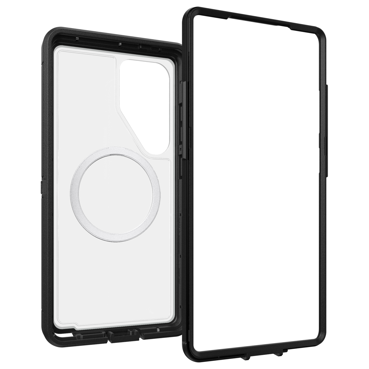 Telefoonhoesje gedemonteerd, met telefoonvormig interieur en zwart frame.