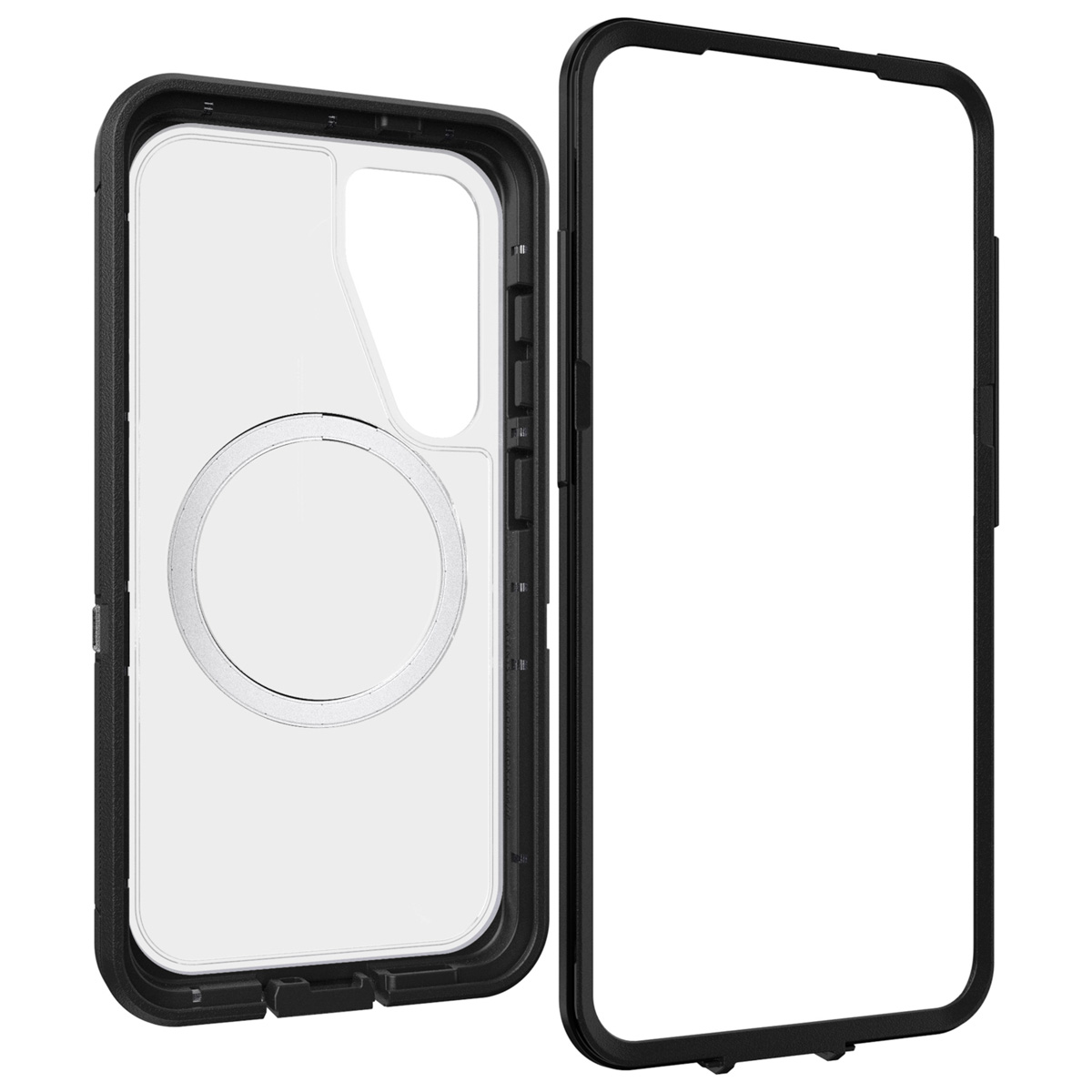 Een gedemonteerde telefoonhoes. De hoes is zwart en transparant.