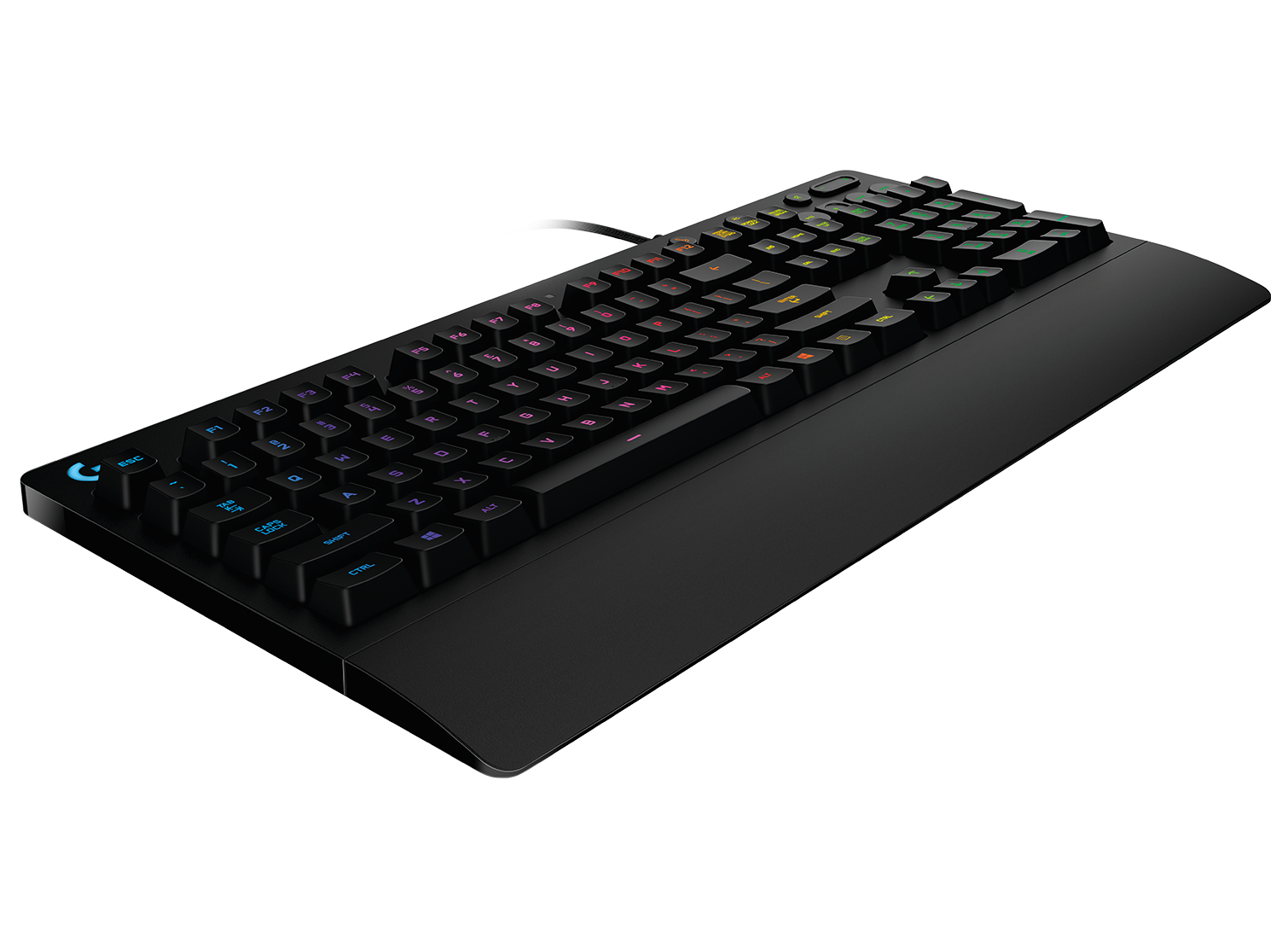 Teclado gaming negro con teclas coloridas y reposamuñecas. Teclas iluminadas, vista en ángulo.