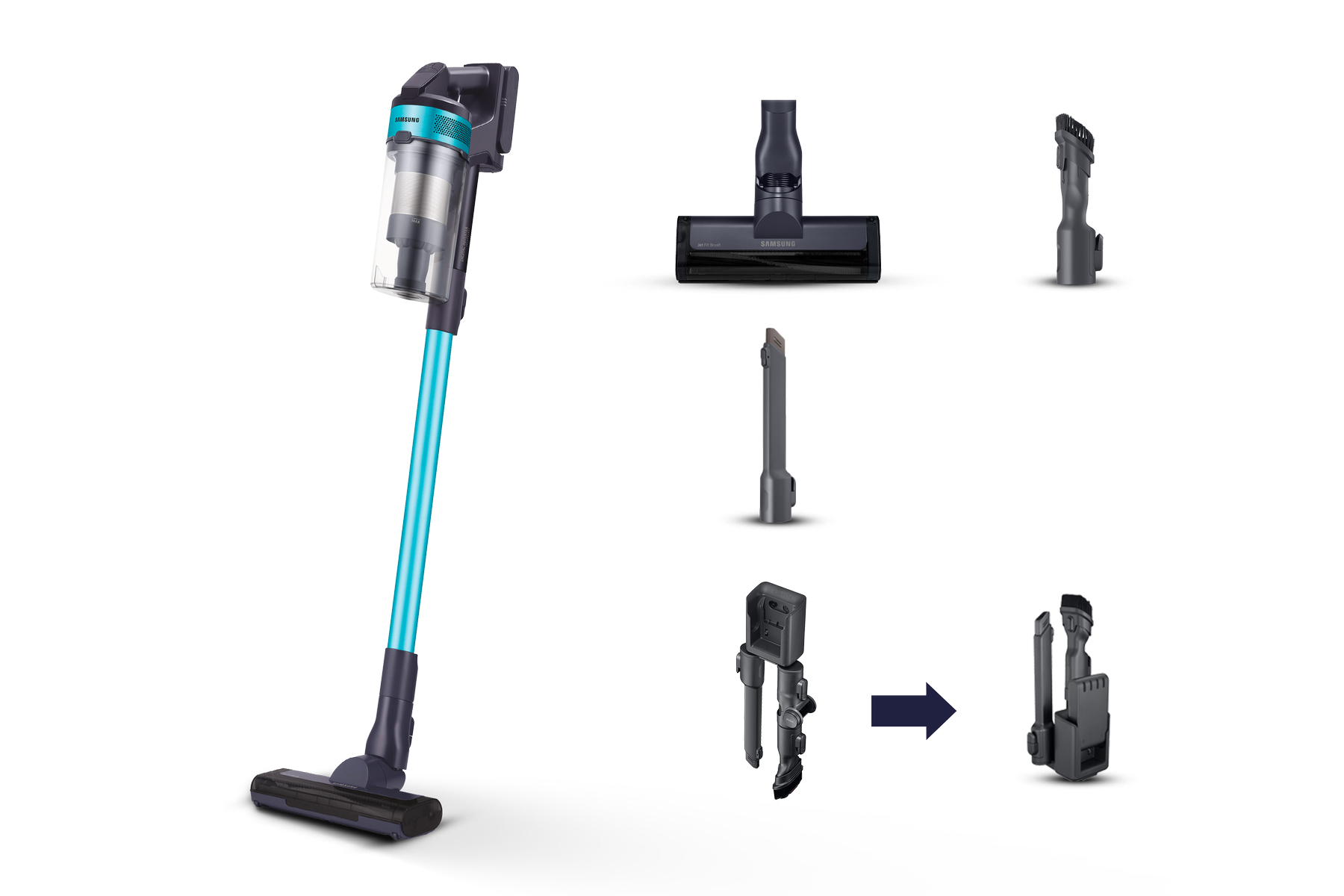 Aspirapolvere senza fili con tubo blu. Vari accessori. Sfondo bianco.