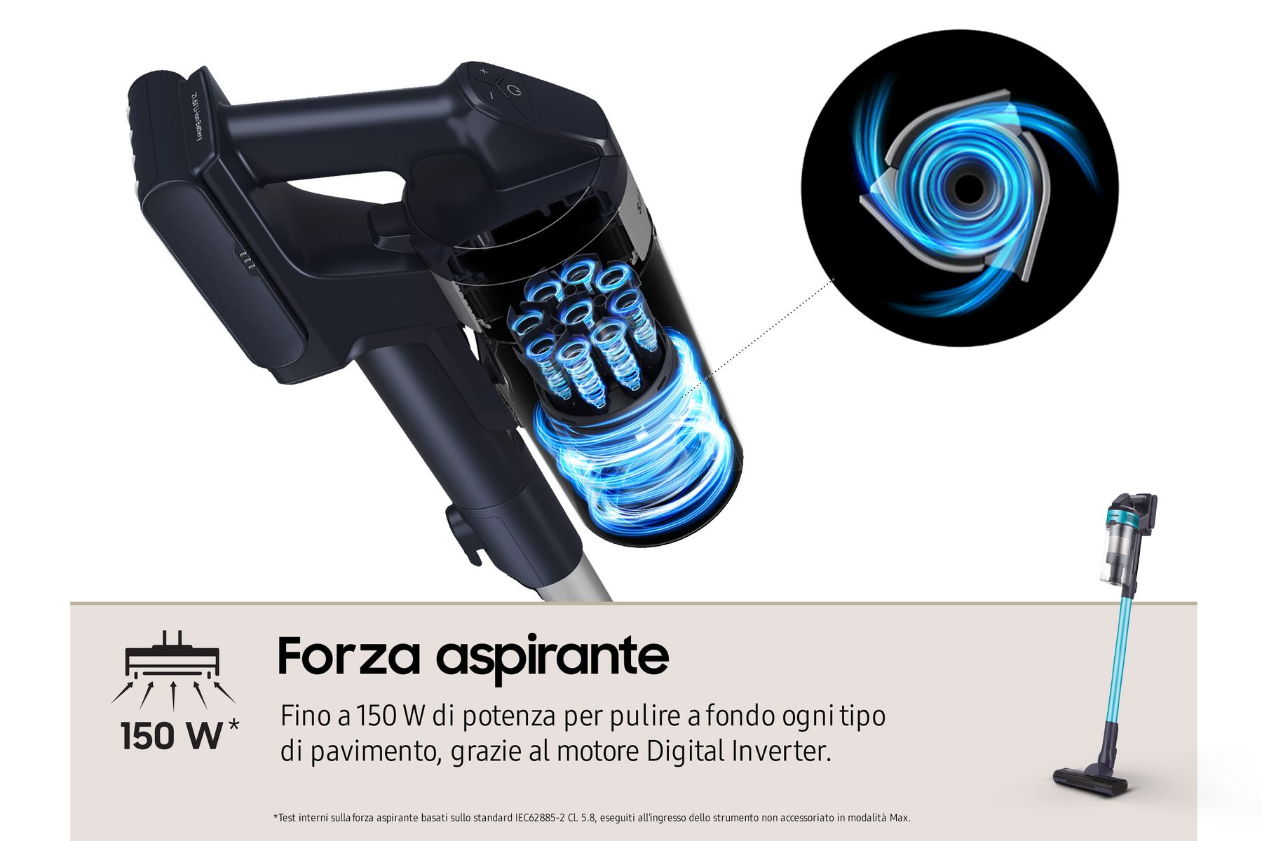 Un aspirapolvere senza fili nero e blu. L'immagine mostra anche un primo piano dei componenti interni.